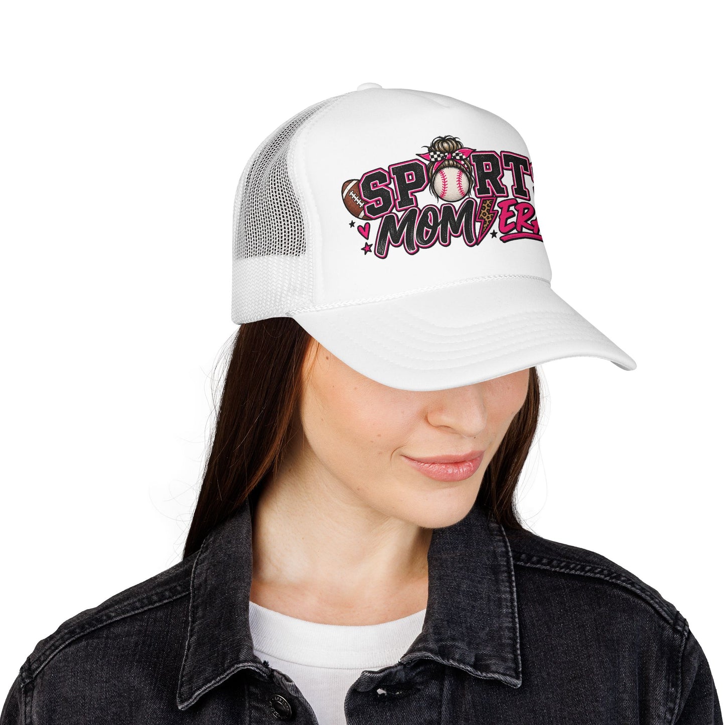 Sports Mom Era Trucker Hat — Pink Glitter Baseball Softball Soccer Mom Cap