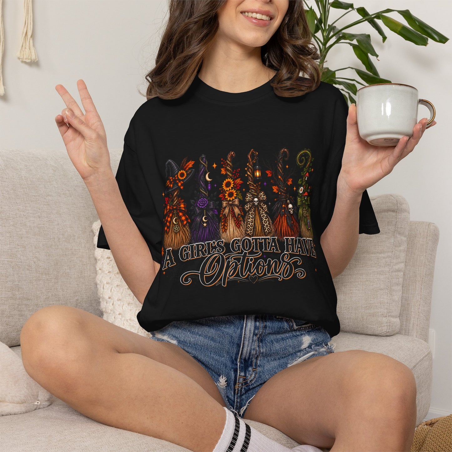 A Girl’s Gotta Have Options Witch Broom Graphic Tee – Halloween Shirt