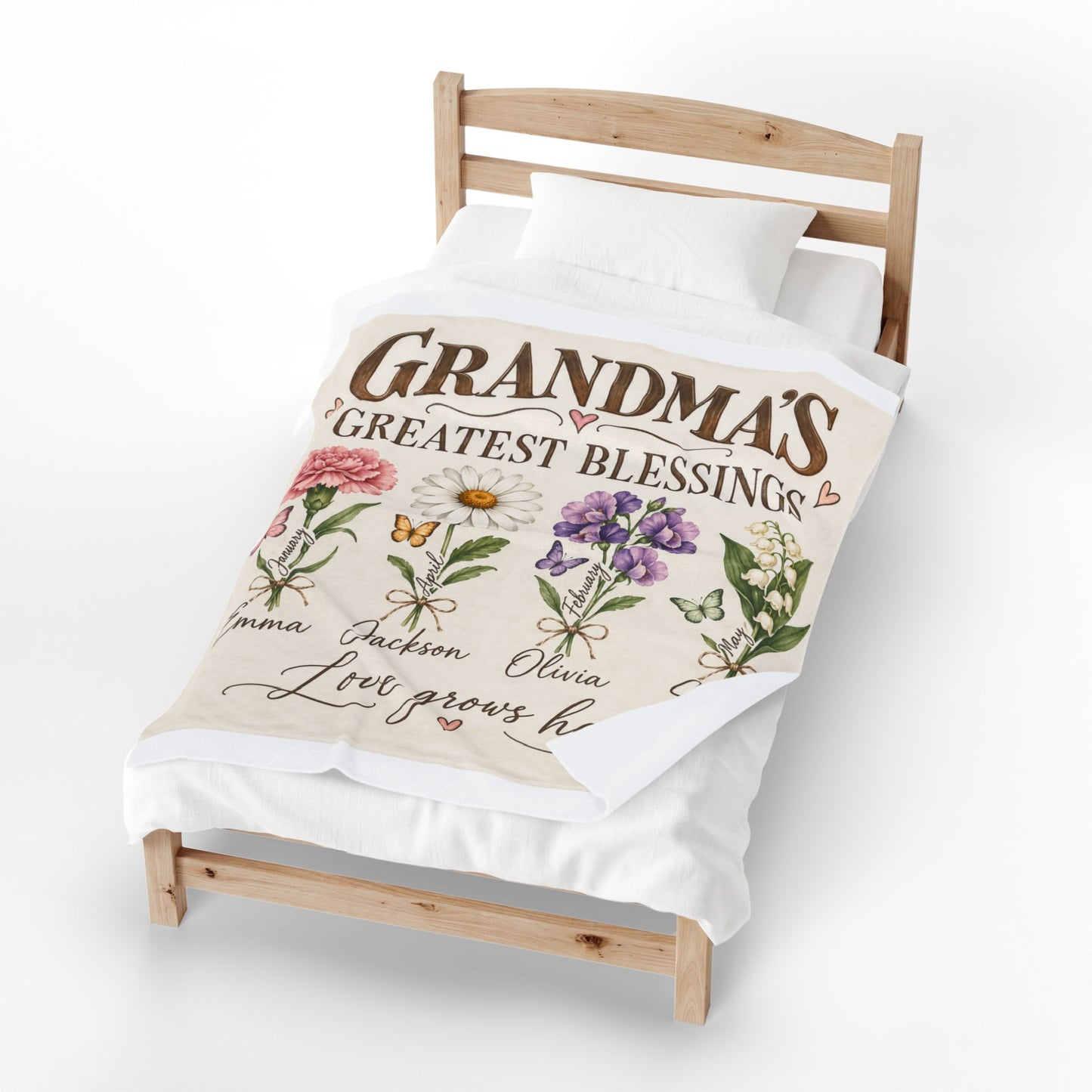 Personalized Grandma Birth Flower Blanket | Custom Grandkids Names & Birth Month Gift for Grandma