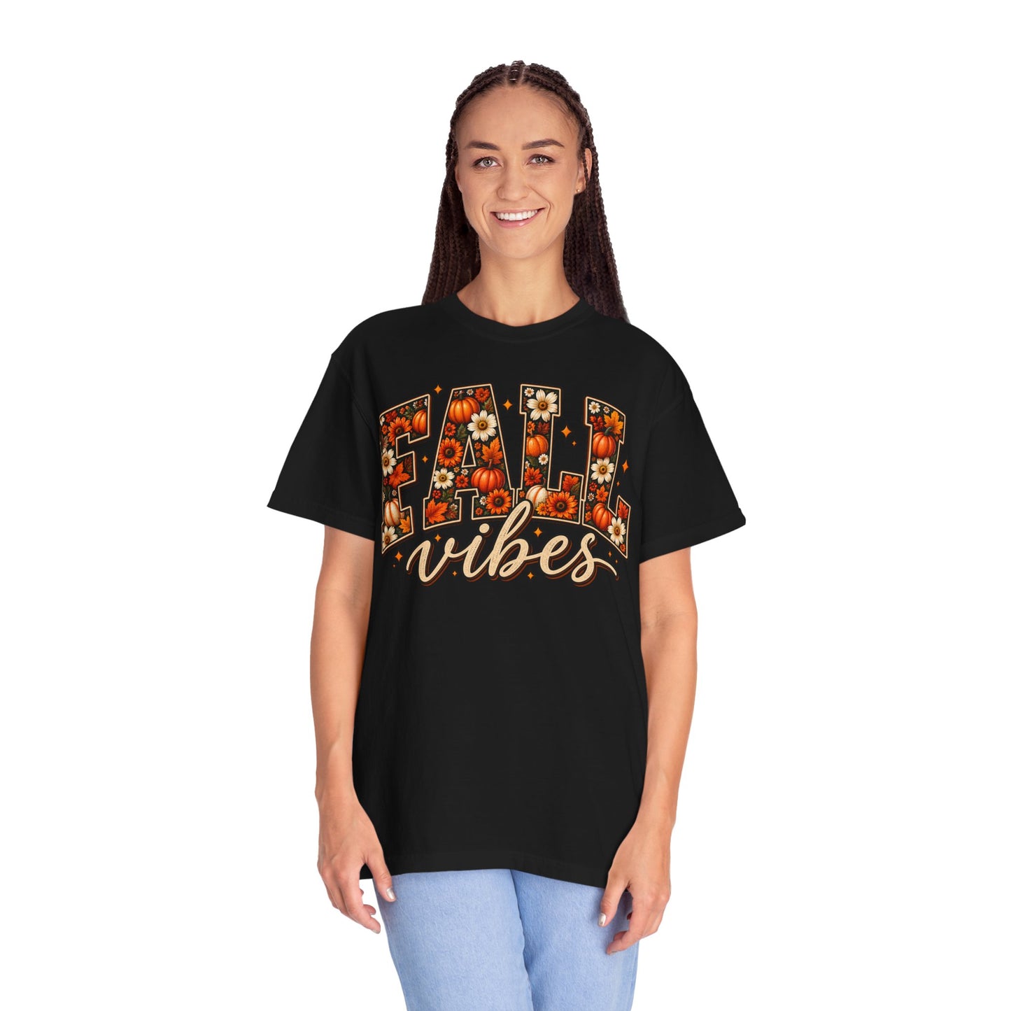 Fall Vibes Graphic Tee – Pumpkin & Floral Autumn Shirt