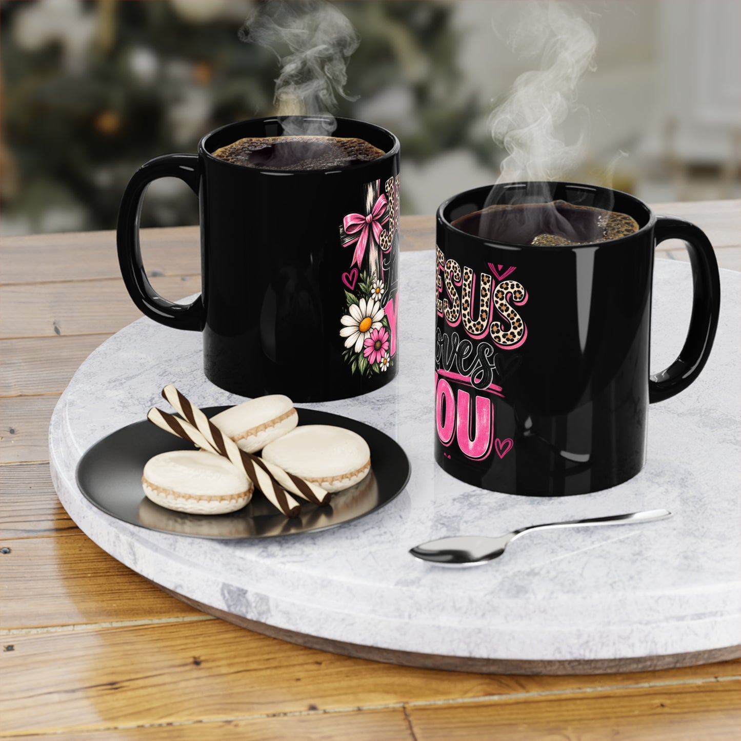 Jesus Loves You Mug — Floral Leopard Print Black Coffee Cup (11oz)