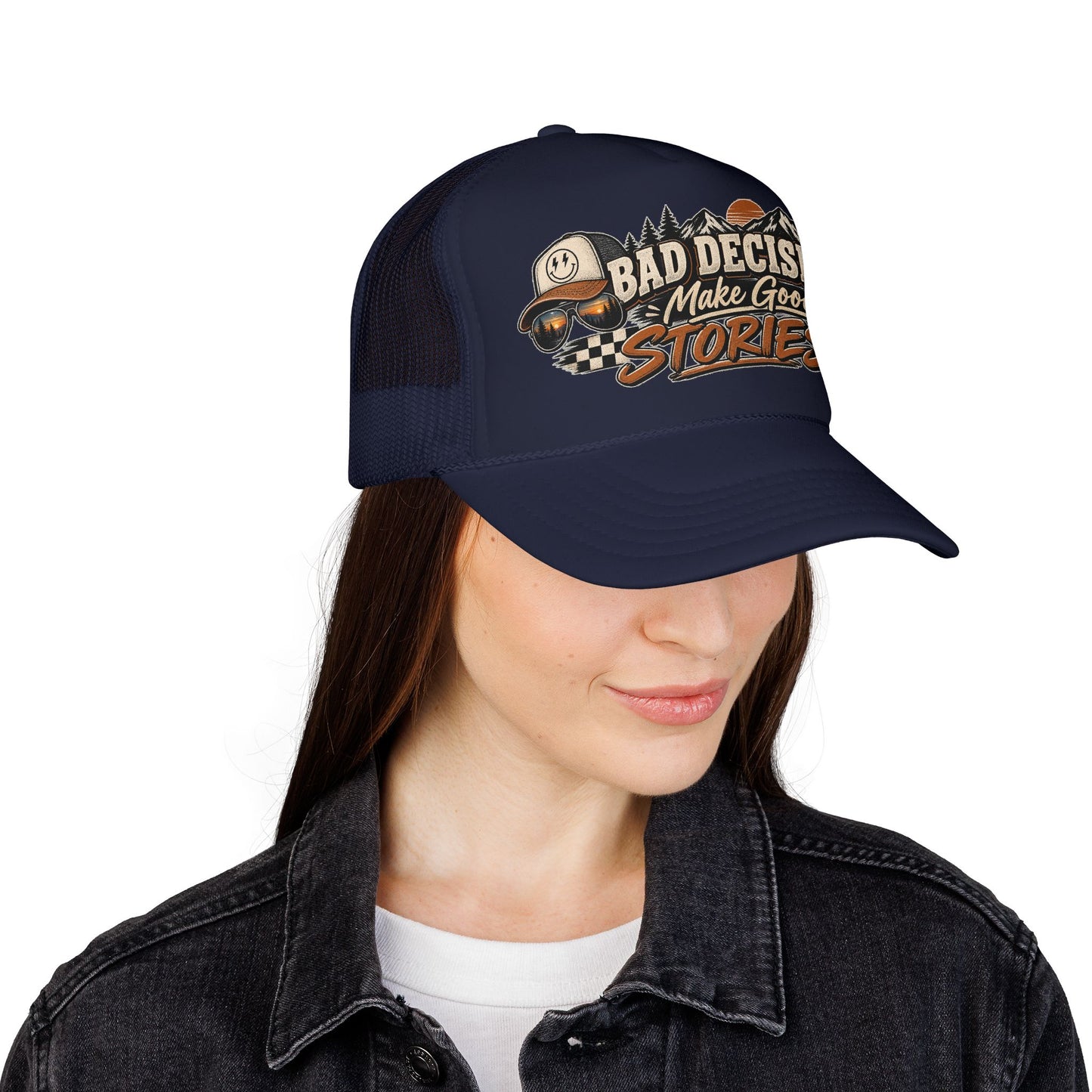 Trucker Hat — "Bad Decisions Make Good Stories" Vintage Graphic
