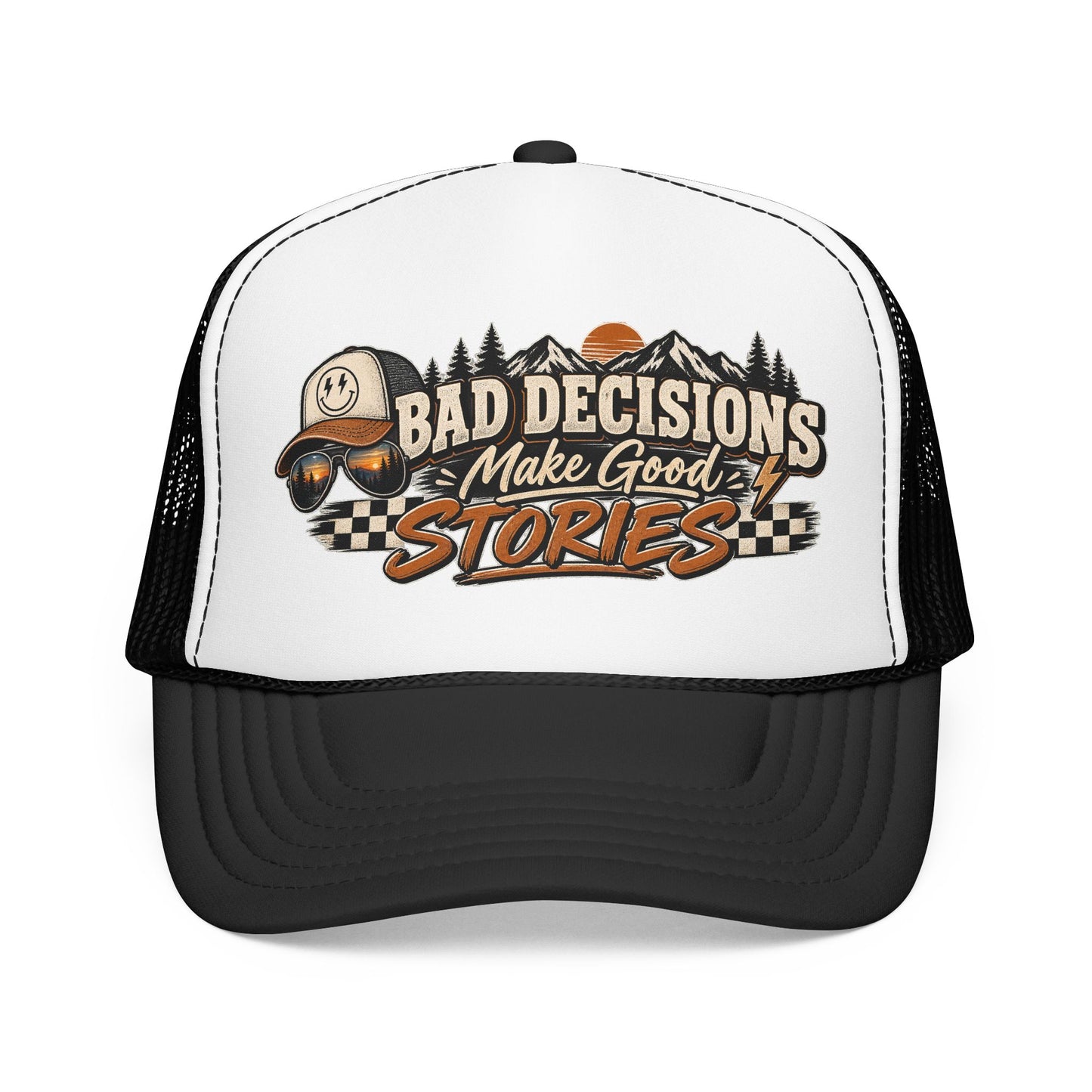 Trucker Hat — "Bad Decisions Make Good Stories" Vintage Graphic