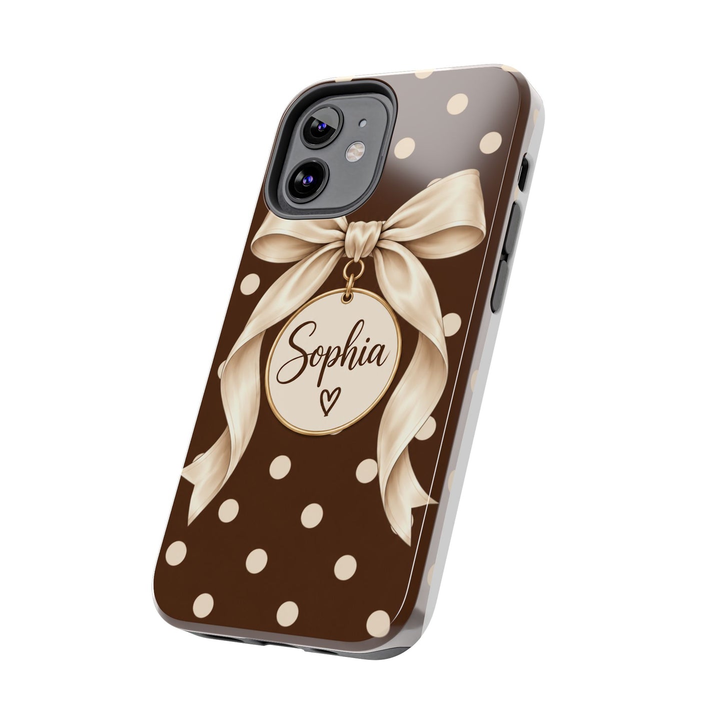 Personalized Polka Dot Bow Phone Case | Custom Name Chocolate Brown Tough Case