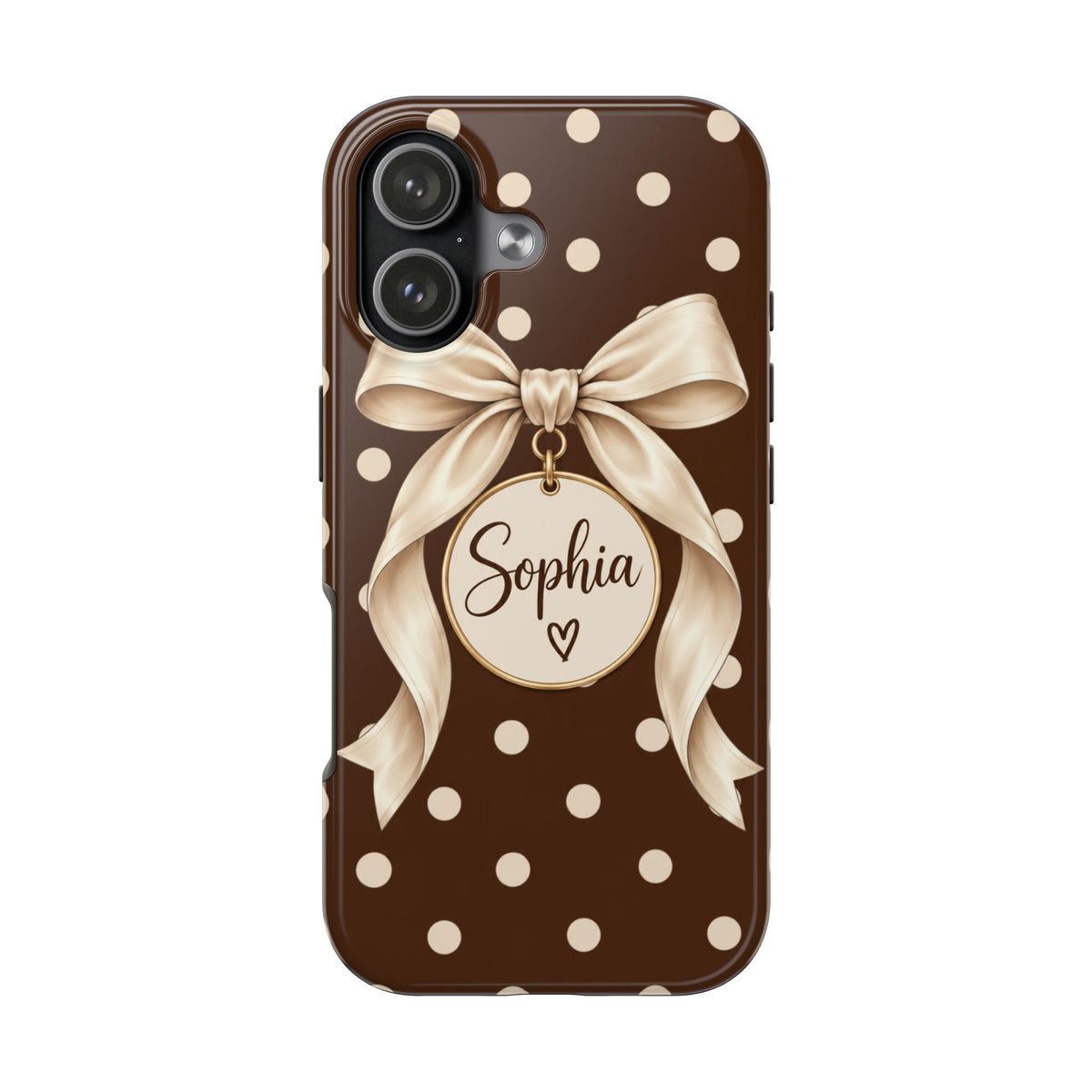 Personalized Polka Dot Bow Phone Case | Custom Name Chocolate Brown Tough Case