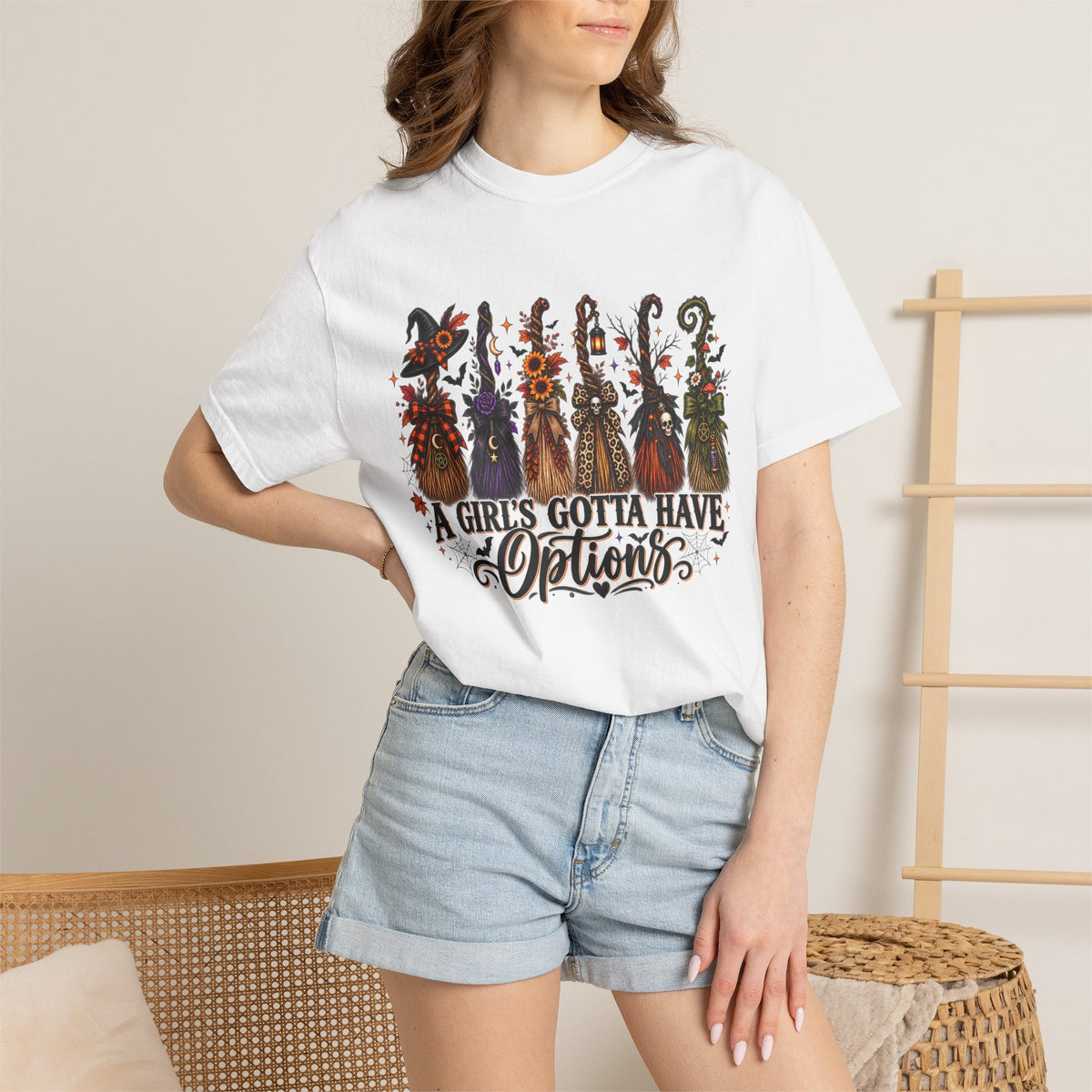 A Girl’s Gotta Have Options Witch Broom Graphic Tee – Halloween Shirt