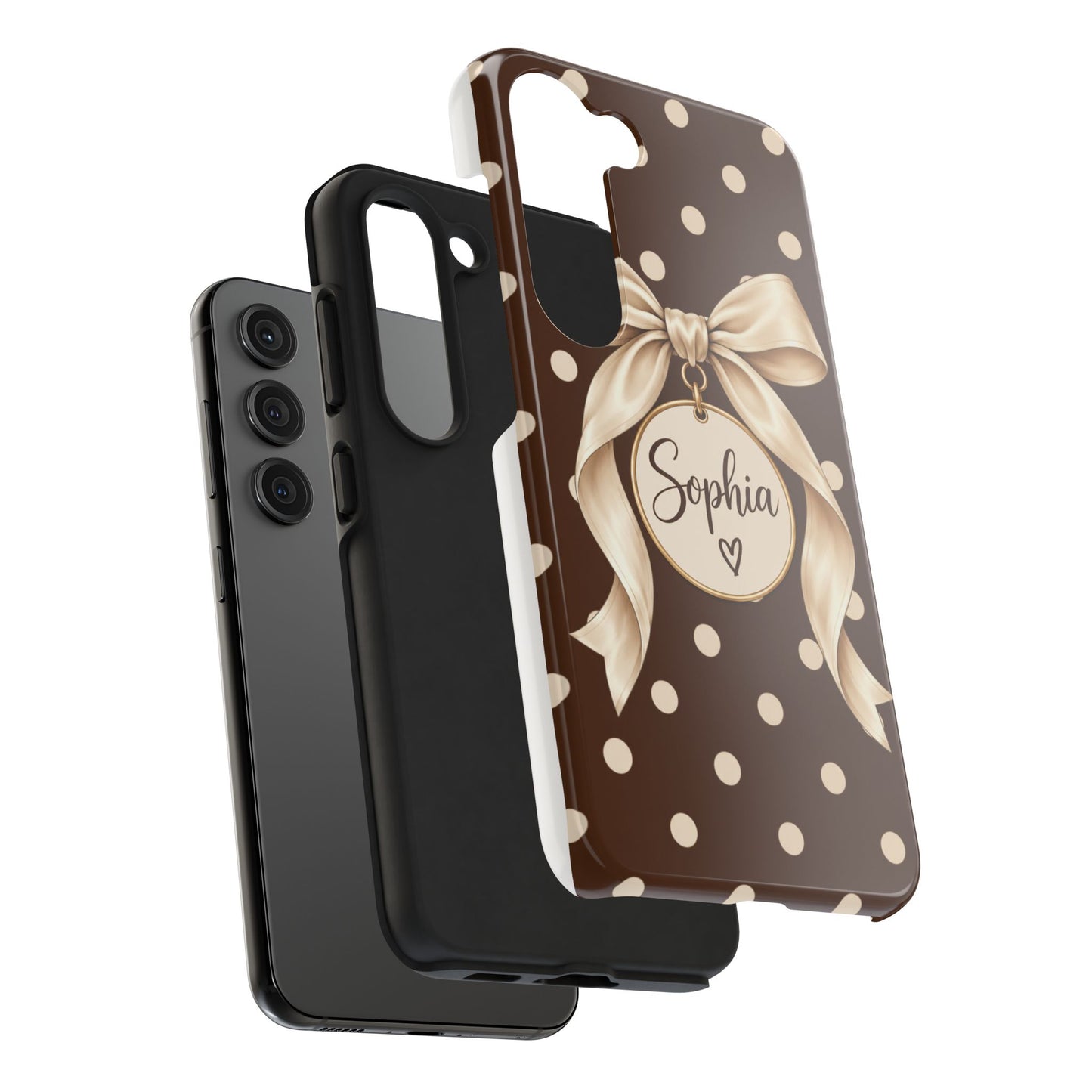 Personalized Polka Dot Bow Phone Case | Custom Name Chocolate Brown Tough Case