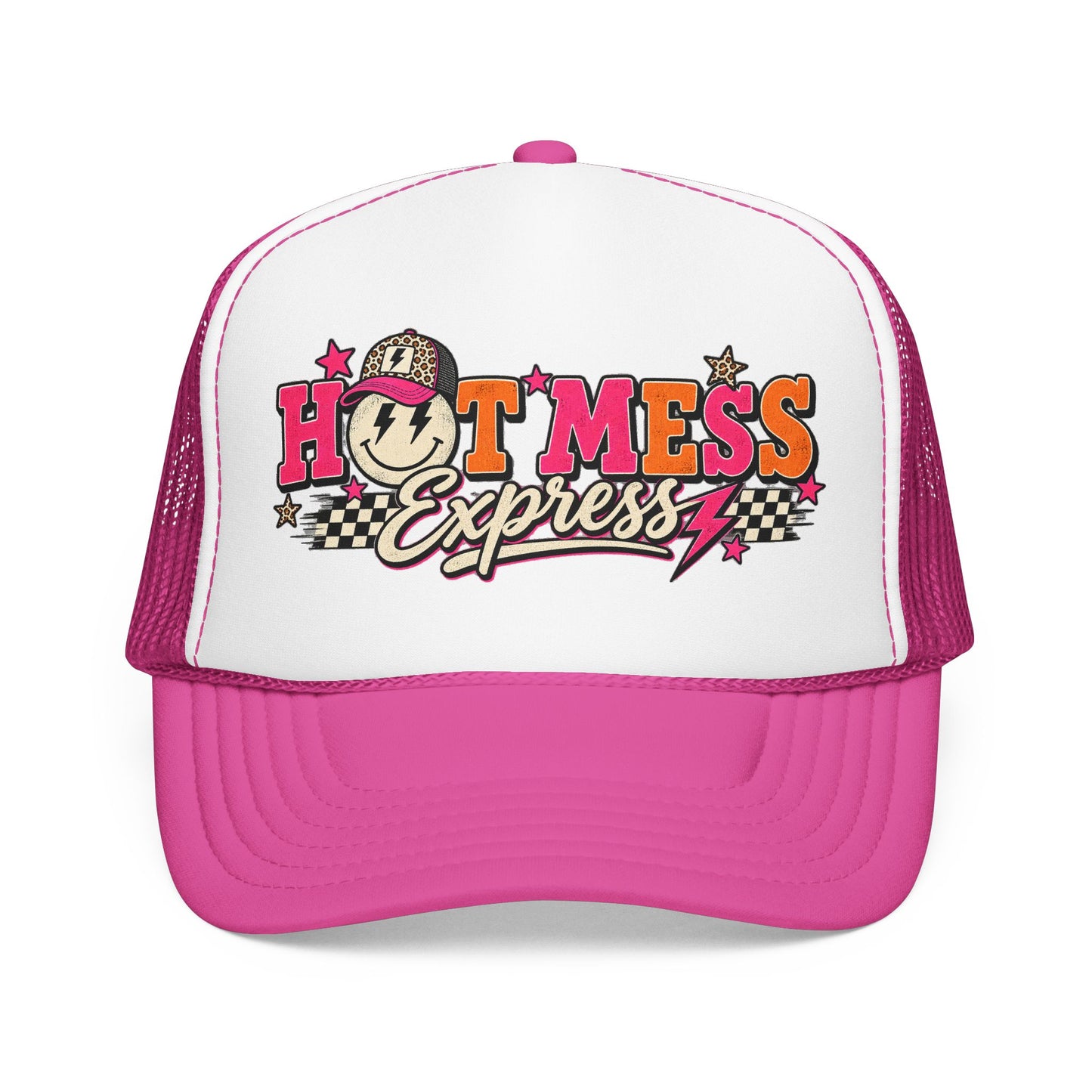 Hot Mess Express Trucker Hat — Retro Smiley Foam Mesh Cap