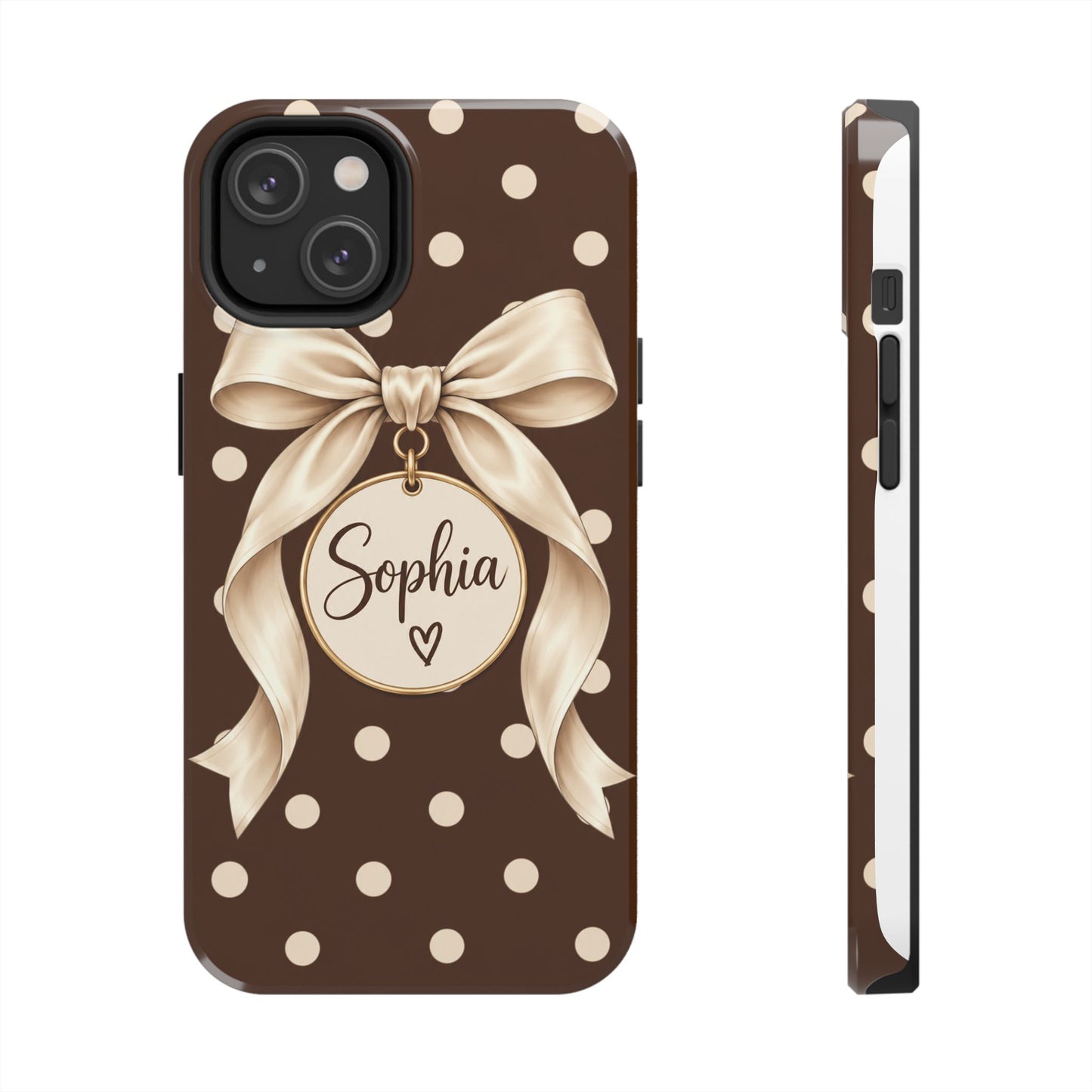 Personalized Polka Dot Bow Phone Case | Custom Name Chocolate Brown Tough Case