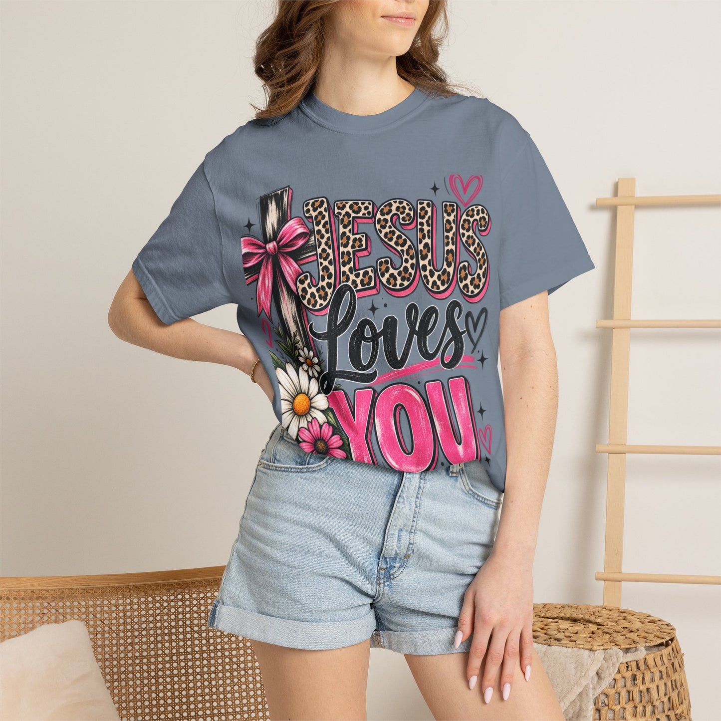 Jesus Loves You Floral Tee — Pink Leopard Faith T-Shirt