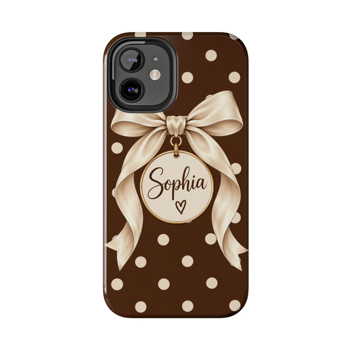Personalized Polka Dot Bow Phone Case | Custom Name Chocolate Brown Tough Case
