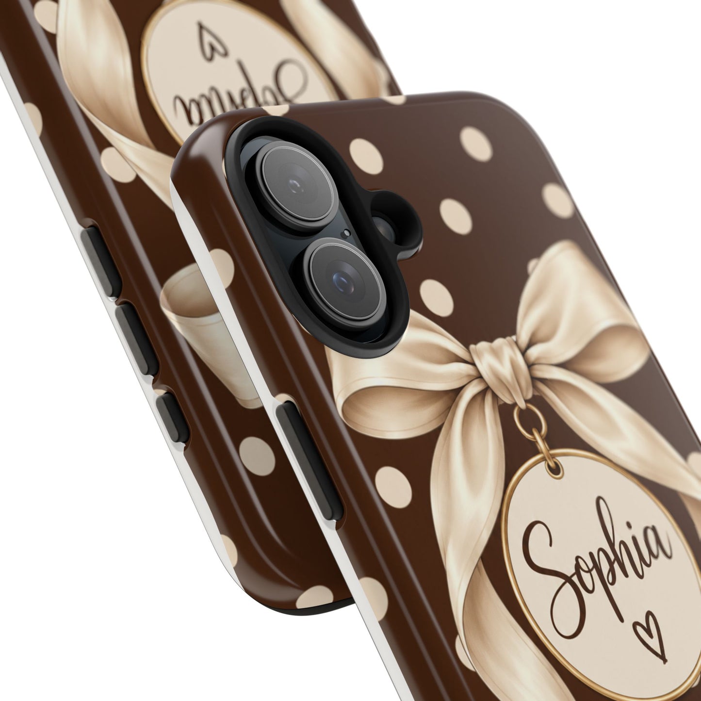 Personalized Polka Dot Bow Phone Case | Custom Name Chocolate Brown Tough Case