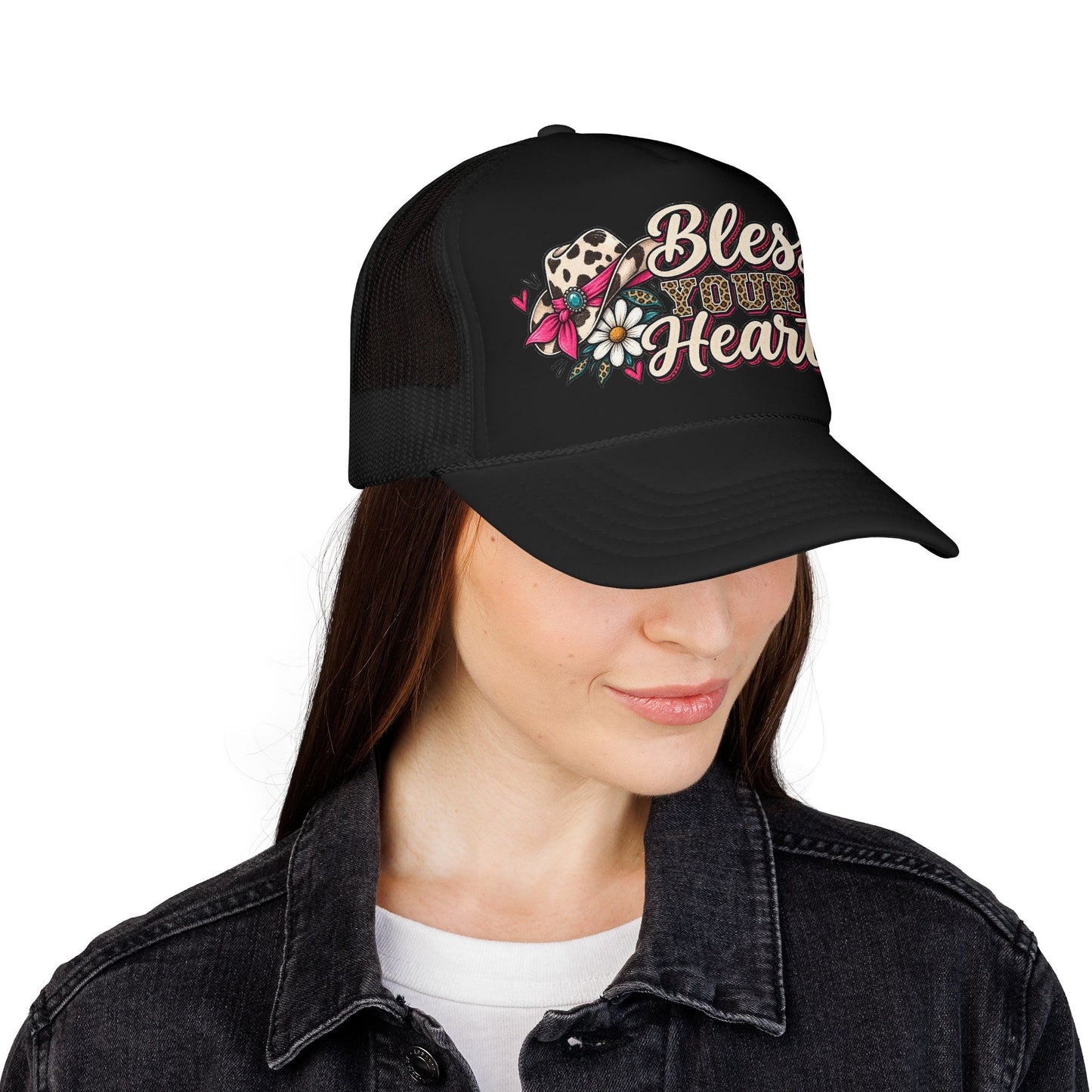Bless Your Heart Trucker Hat – Floral Leopard Cowgirl Foam Cap