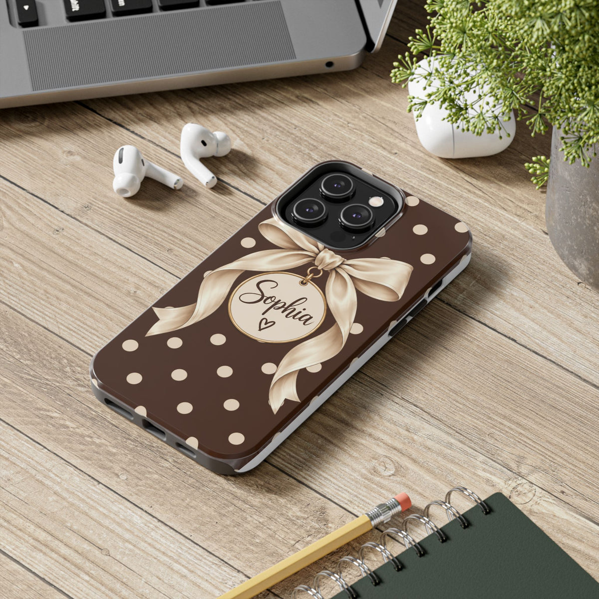 Personalized Polka Dot Bow Phone Case | Custom Name Chocolate Brown Tough Case