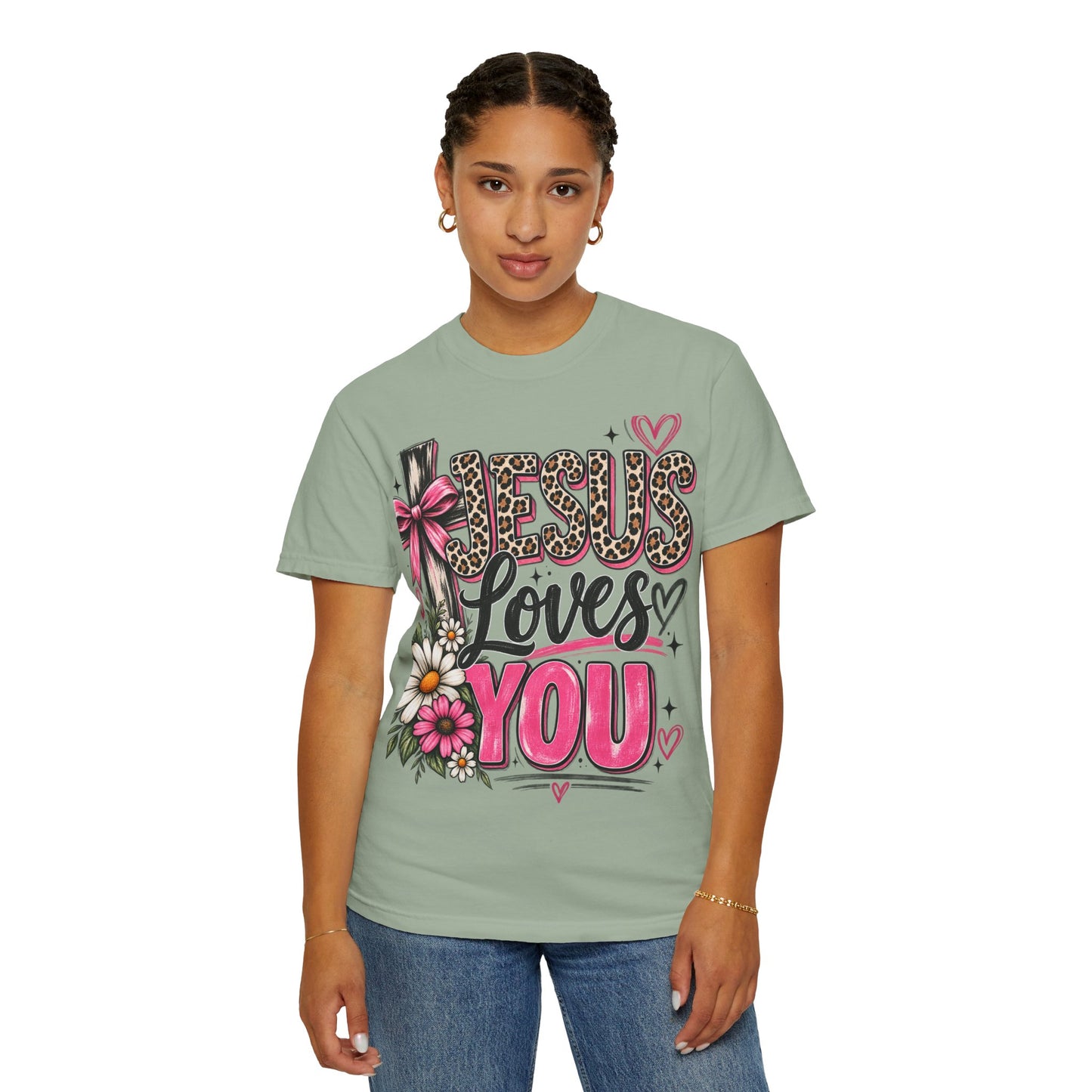 Jesus Loves You Floral Tee — Pink Leopard Faith T-Shirt