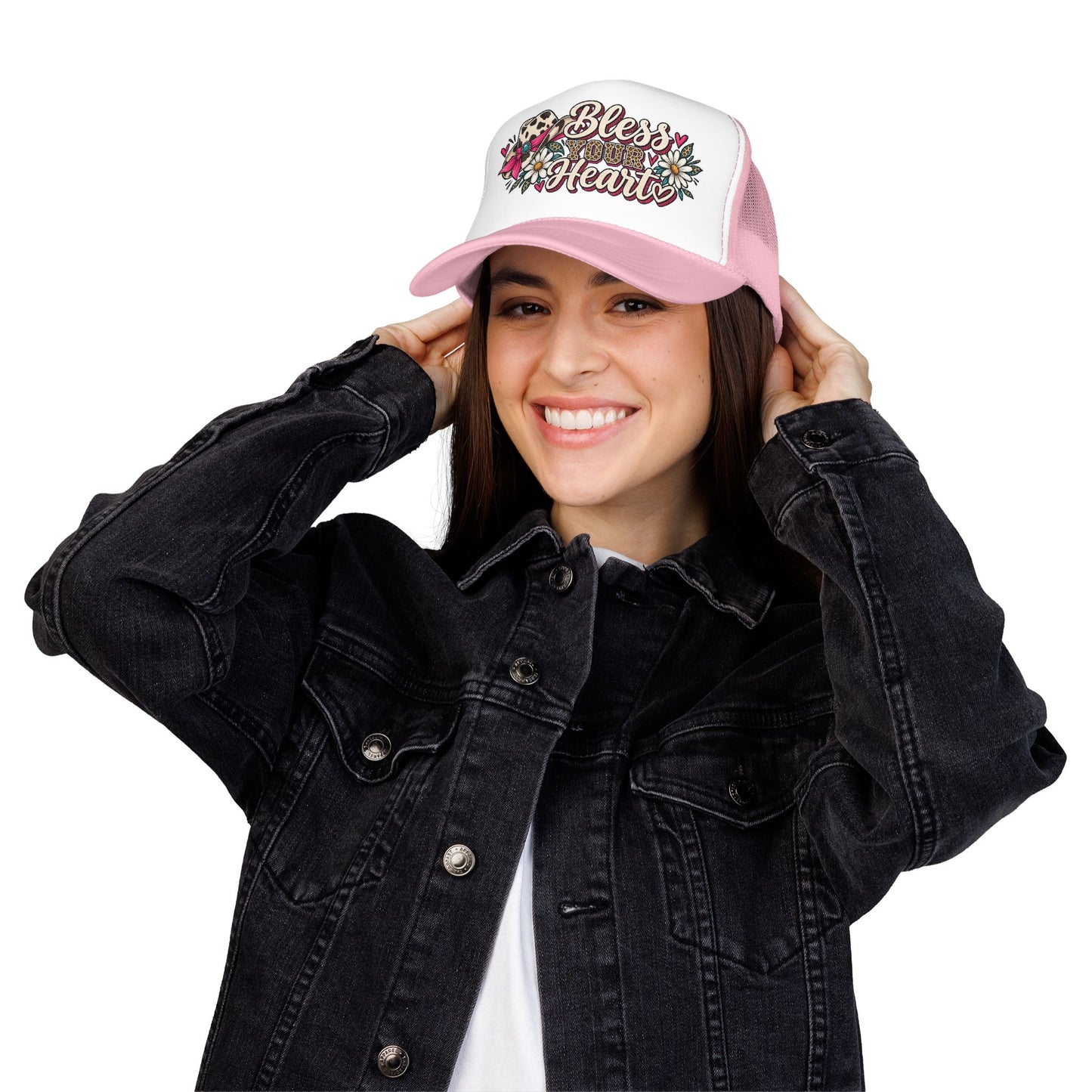 Bless Your Heart Trucker Hat – Floral Leopard Cowgirl Foam Cap