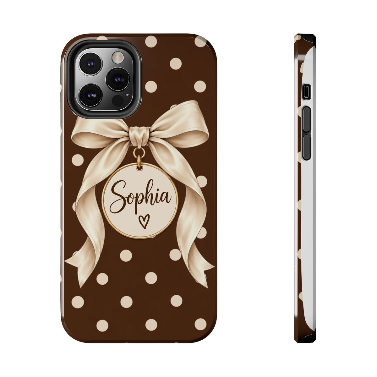 Personalized Polka Dot Bow Phone Case | Custom Name Chocolate Brown Tough Case