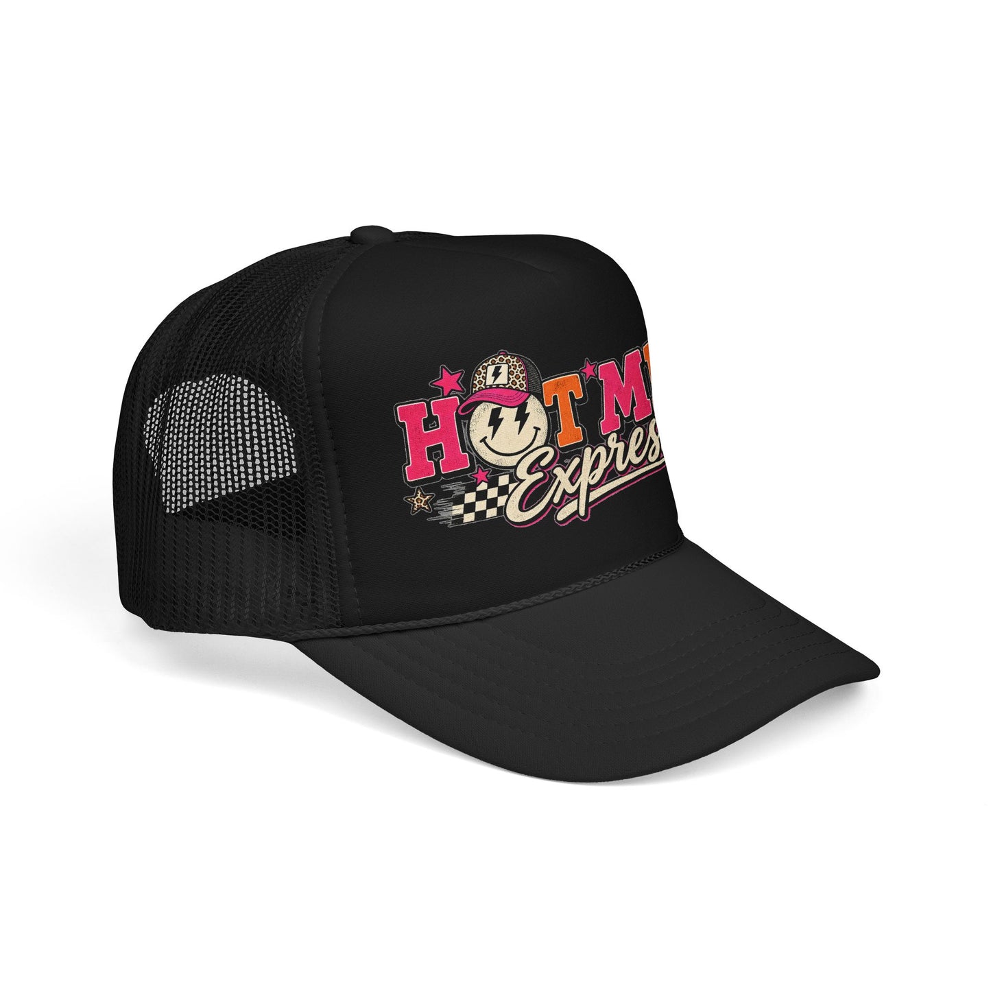 Hot Mess Express Trucker Hat — Retro Smiley Foam Mesh Cap