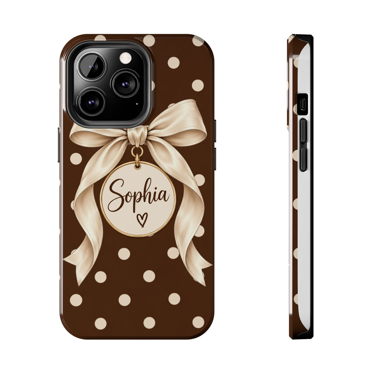 Personalized Polka Dot Bow Phone Case | Custom Name Chocolate Brown Tough Case