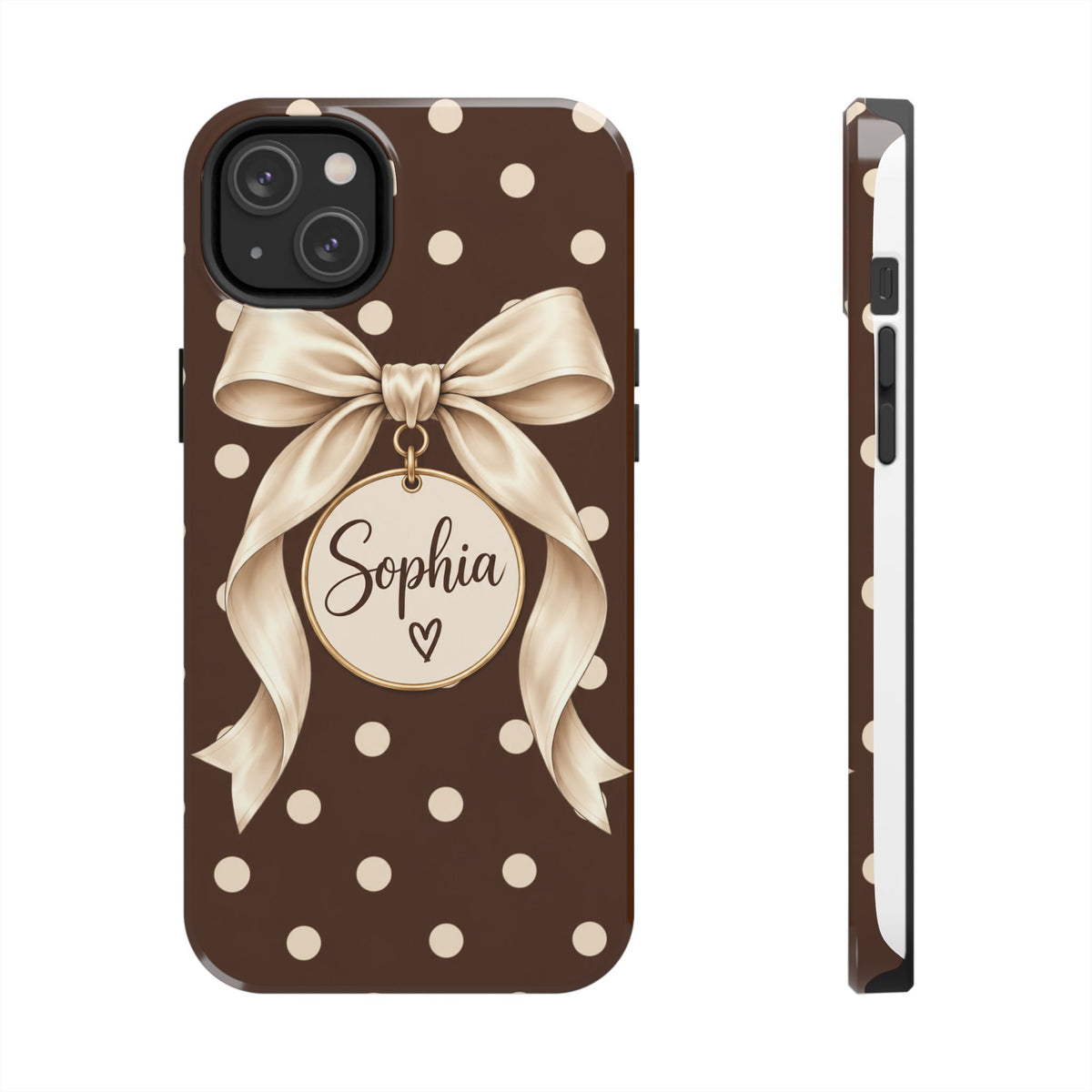 Personalized Polka Dot Bow Phone Case | Custom Name Chocolate Brown Tough Case