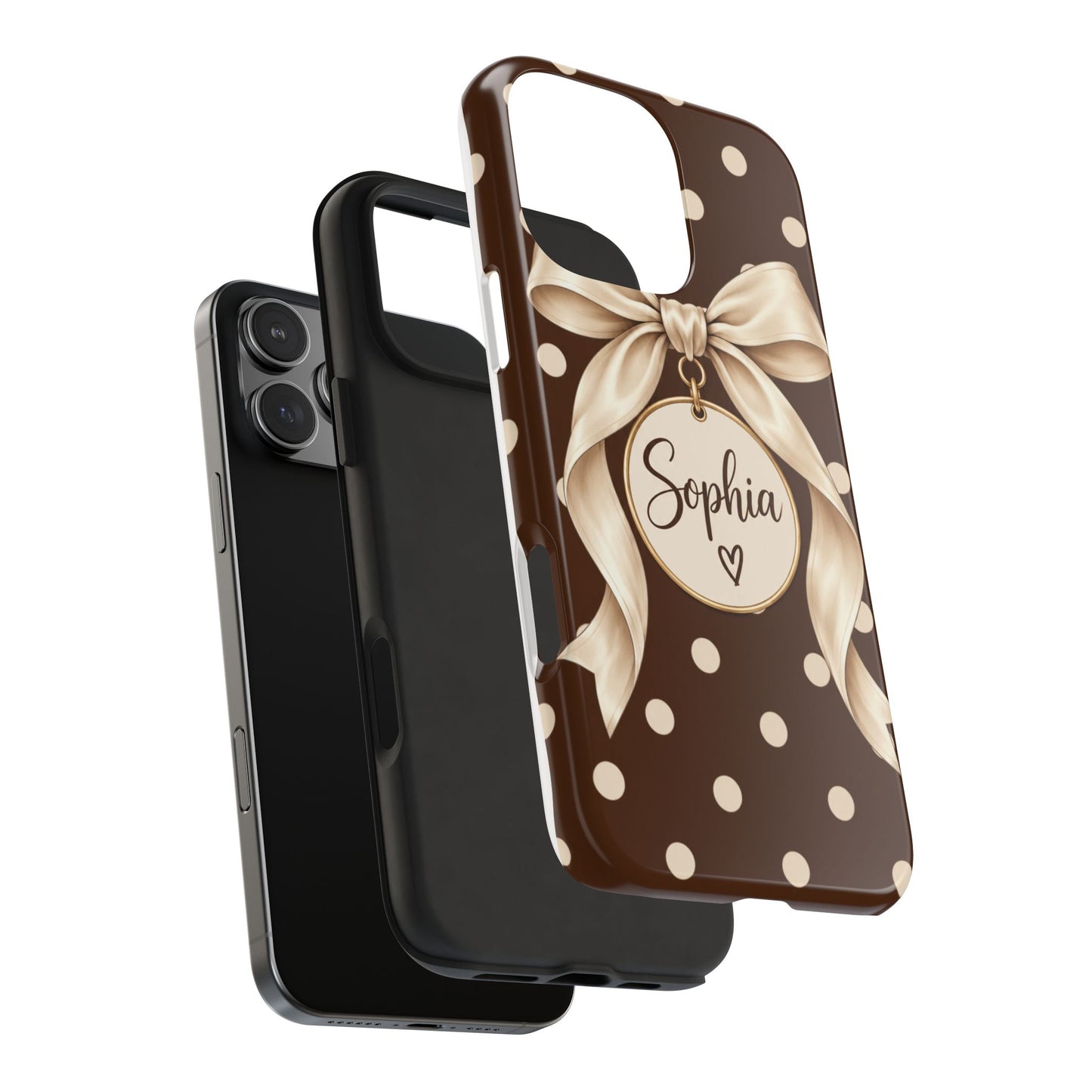 Personalized Polka Dot Bow Phone Case | Custom Name Chocolate Brown Tough Case