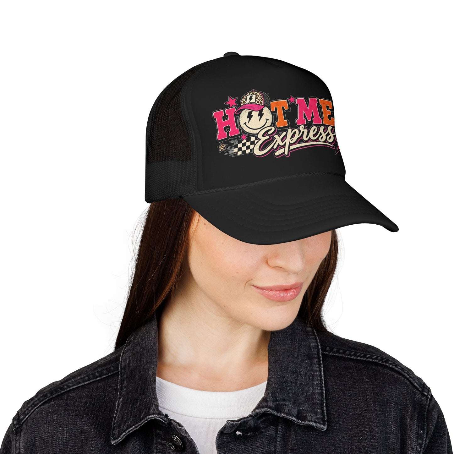 Hot Mess Express Trucker Hat — Retro Smiley Foam Mesh Cap