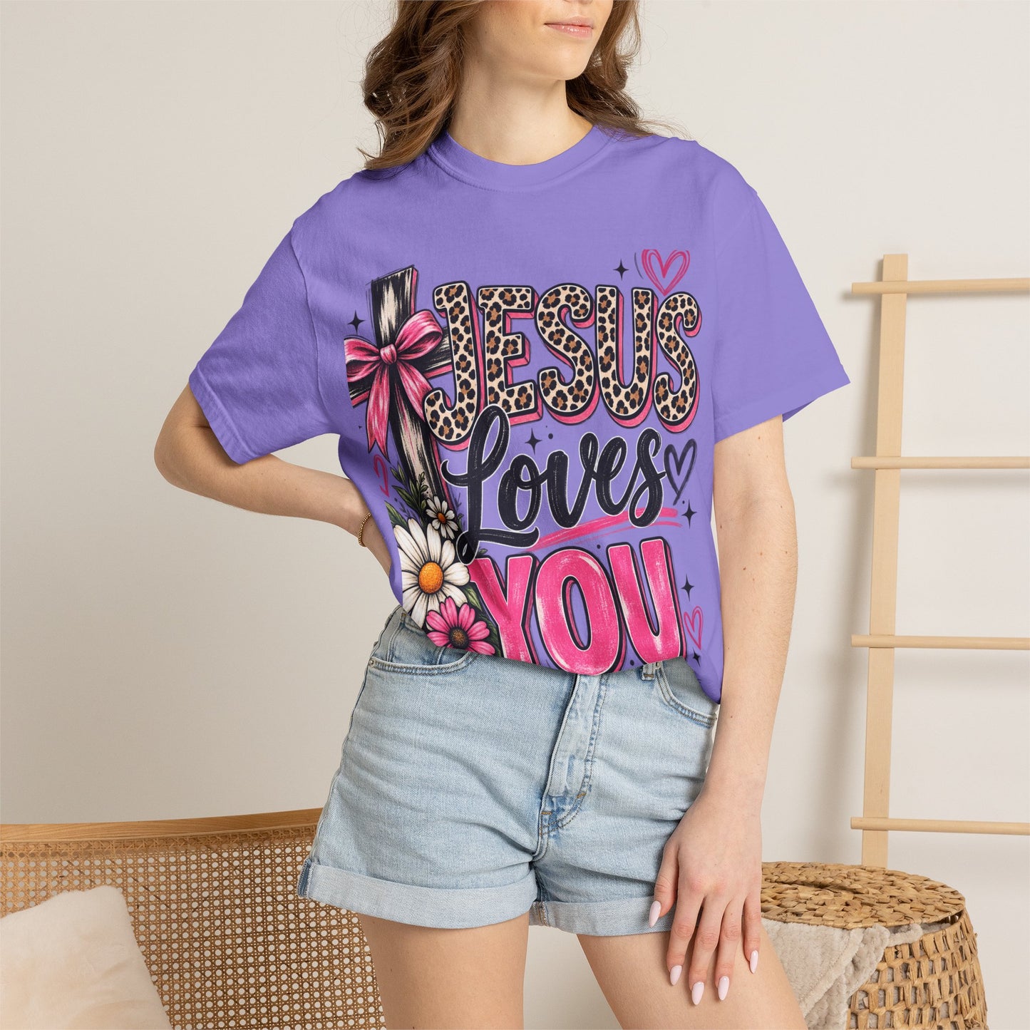 Jesus Loves You Floral Tee — Pink Leopard Faith T-Shirt