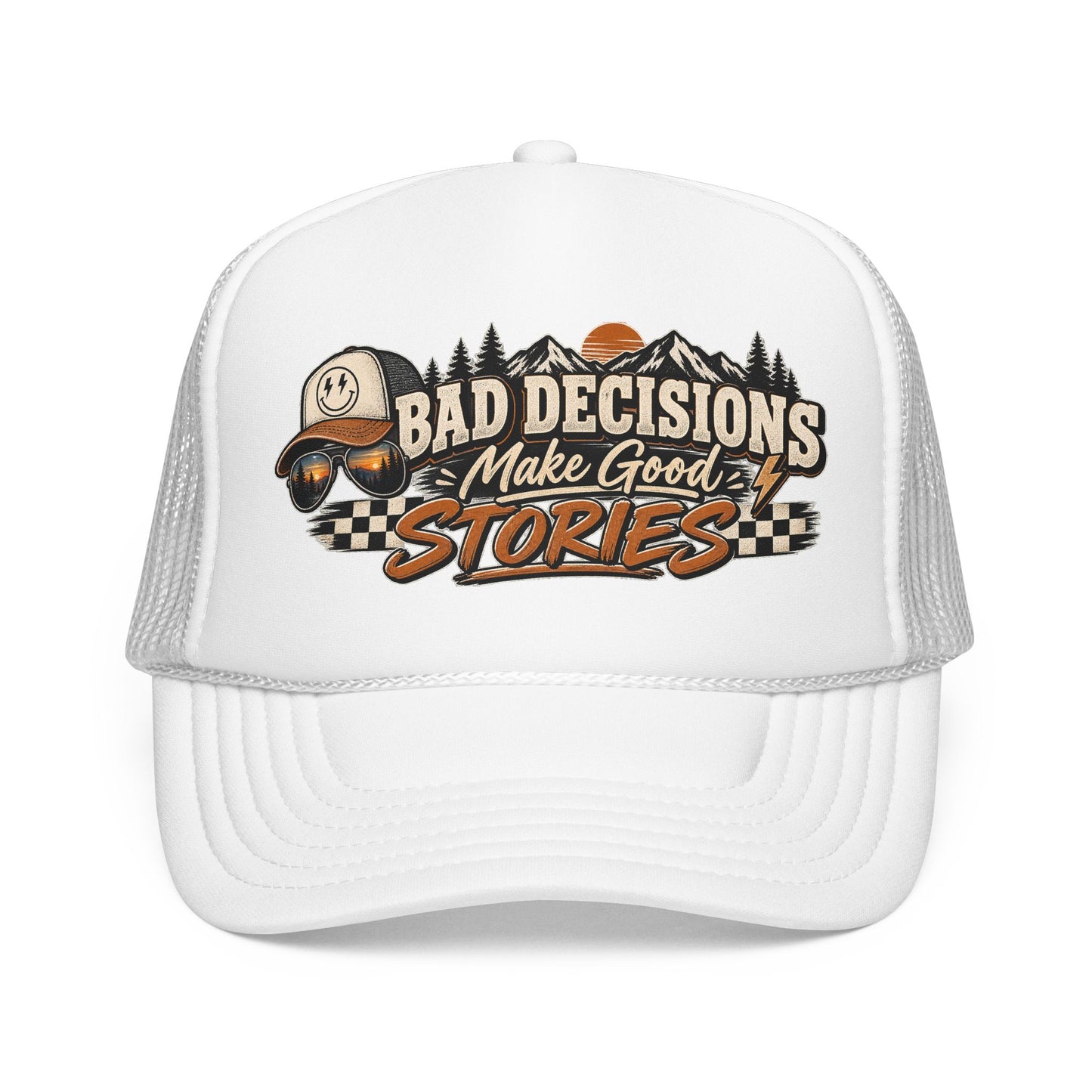 Trucker Hat — "Bad Decisions Make Good Stories" Vintage Graphic