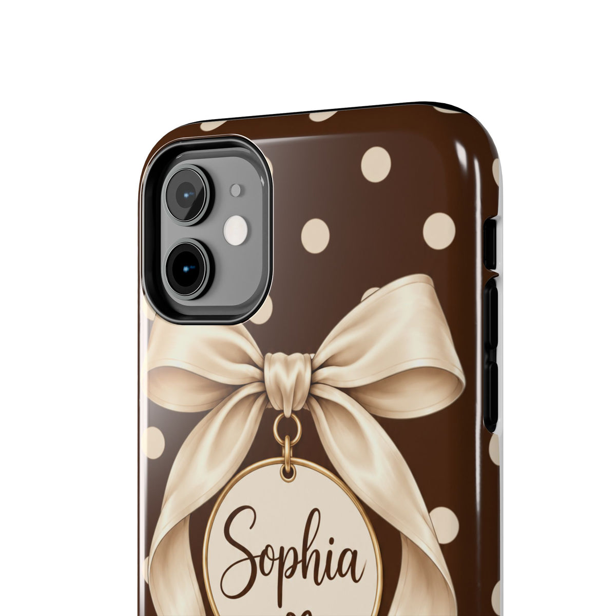 Personalized Polka Dot Bow Phone Case | Custom Name Chocolate Brown Tough Case