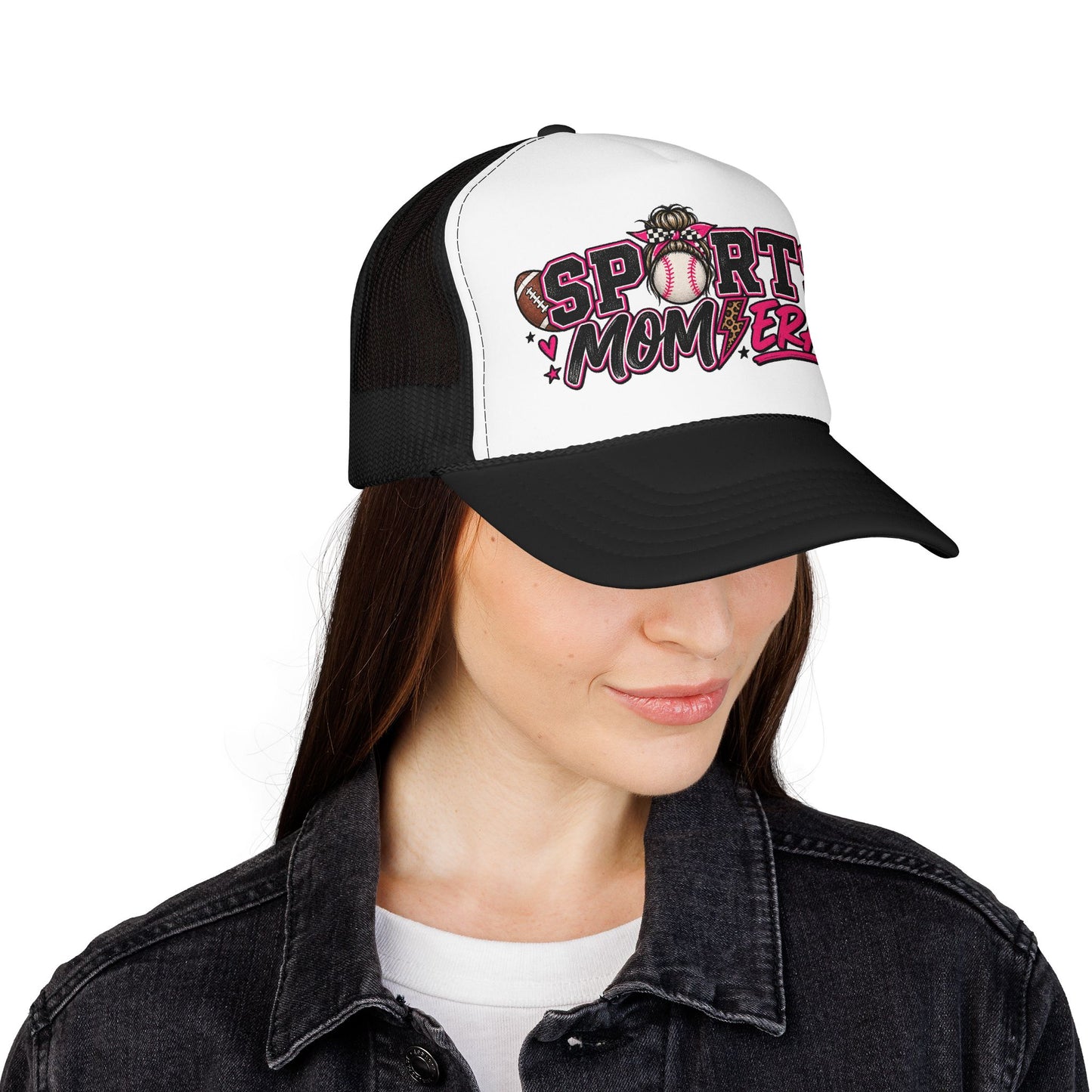 Sports Mom Era Trucker Hat — Pink Glitter Baseball Softball Soccer Mom Cap