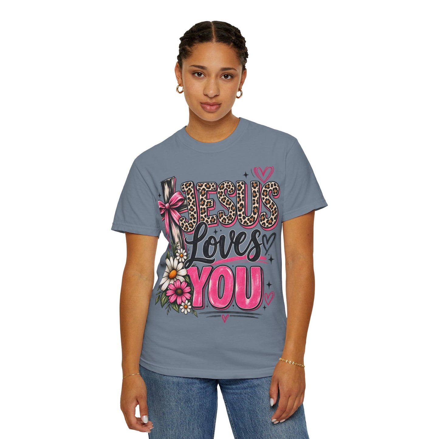 Jesus Loves You Floral Tee — Pink Leopard Faith T-Shirt