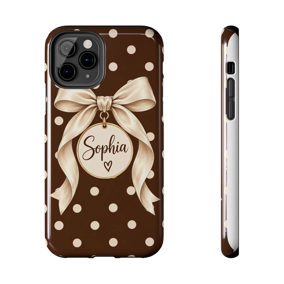 Personalized Polka Dot Bow Phone Case | Custom Name Chocolate Brown Tough Case