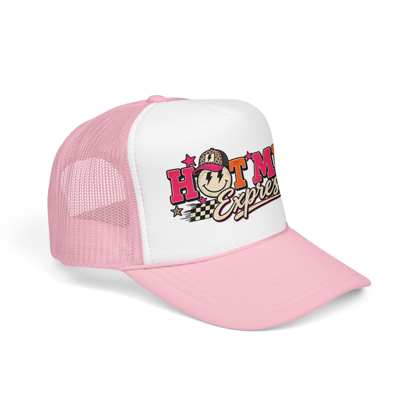 Hot Mess Express Trucker Hat — Retro Smiley Foam Mesh Cap