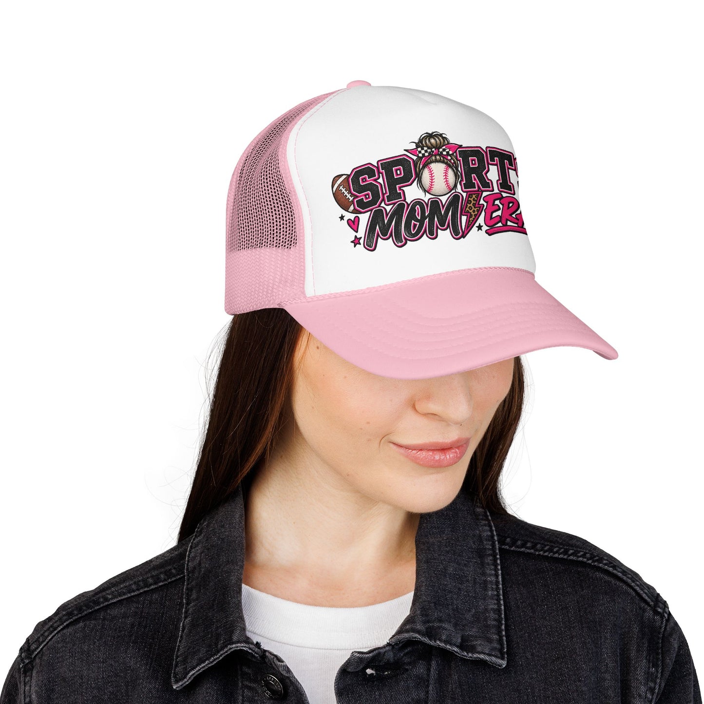 Sports Mom Era Trucker Hat — Pink Glitter Baseball Softball Soccer Mom Cap