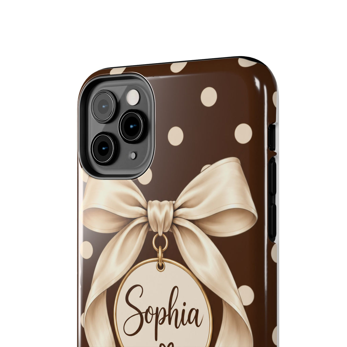 Personalized Polka Dot Bow Phone Case | Custom Name Chocolate Brown Tough Case