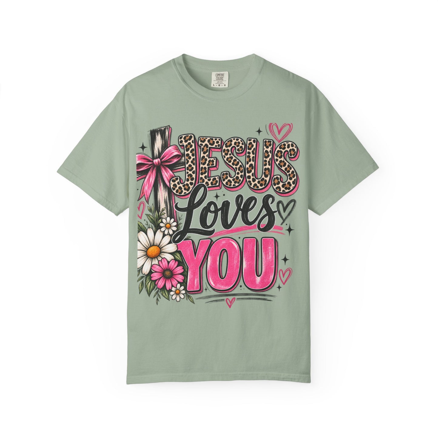 Jesus Loves You Floral Tee — Pink Leopard Faith T-Shirt