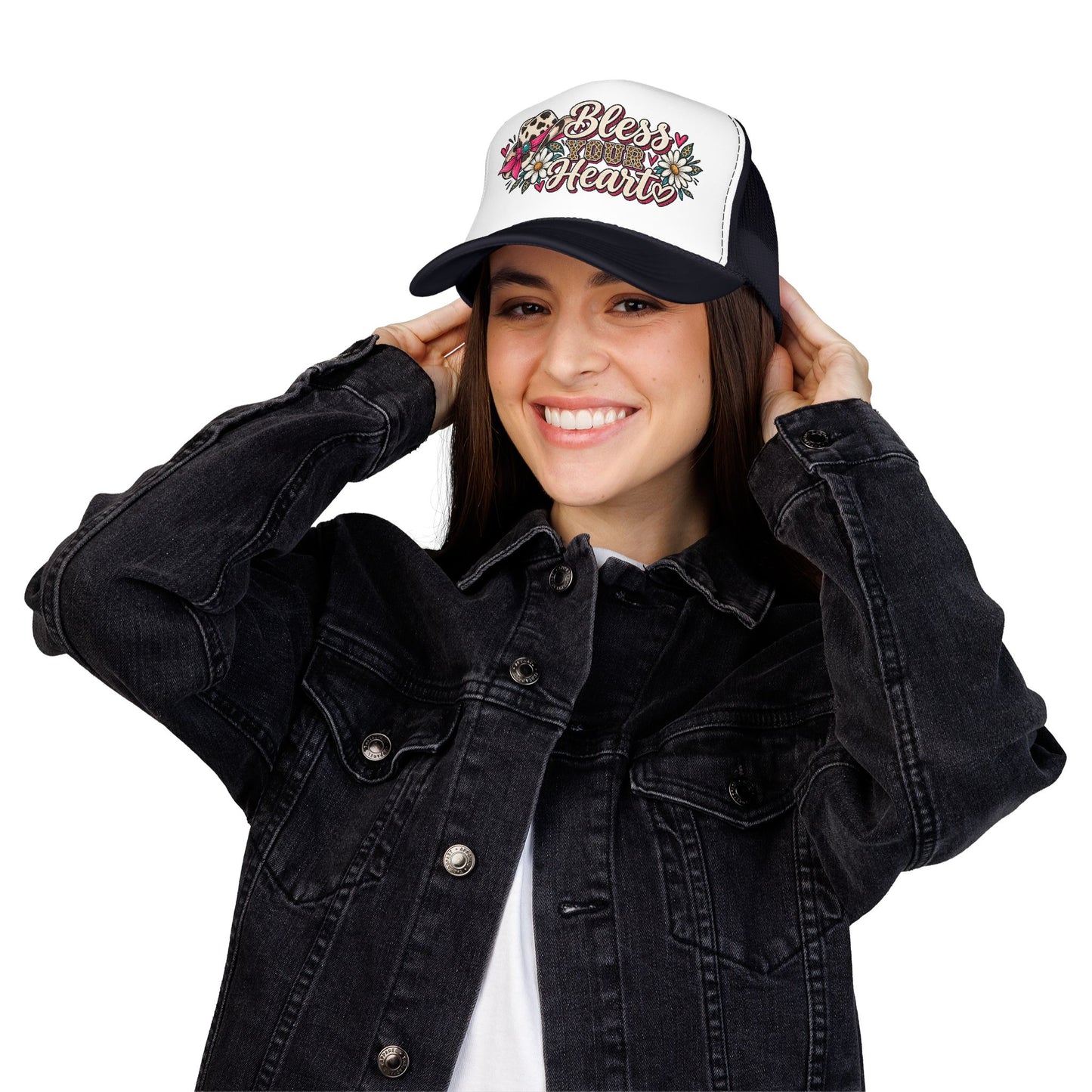 Bless Your Heart Trucker Hat – Floral Leopard Cowgirl Foam Cap