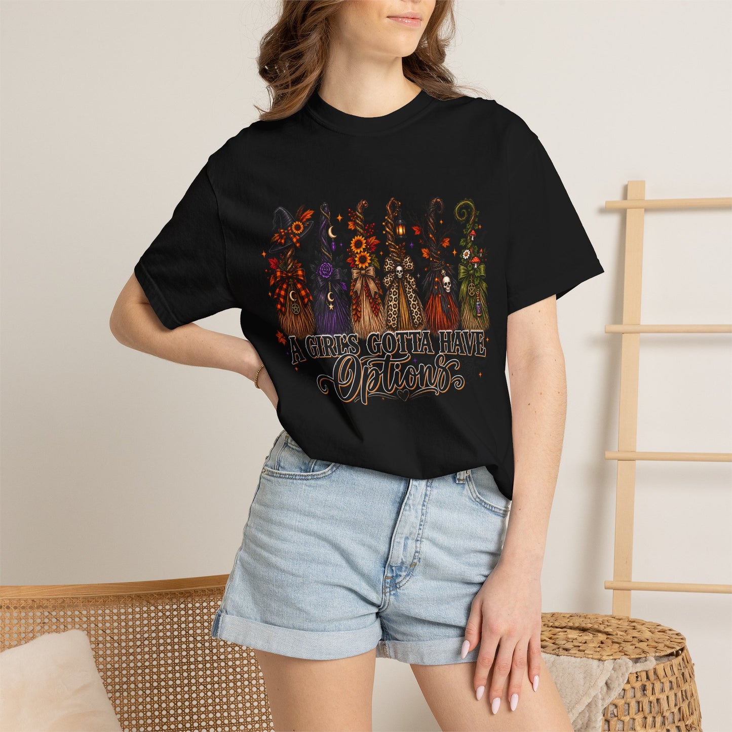 A Girl’s Gotta Have Options Witch Broom Graphic Tee – Halloween Shirt