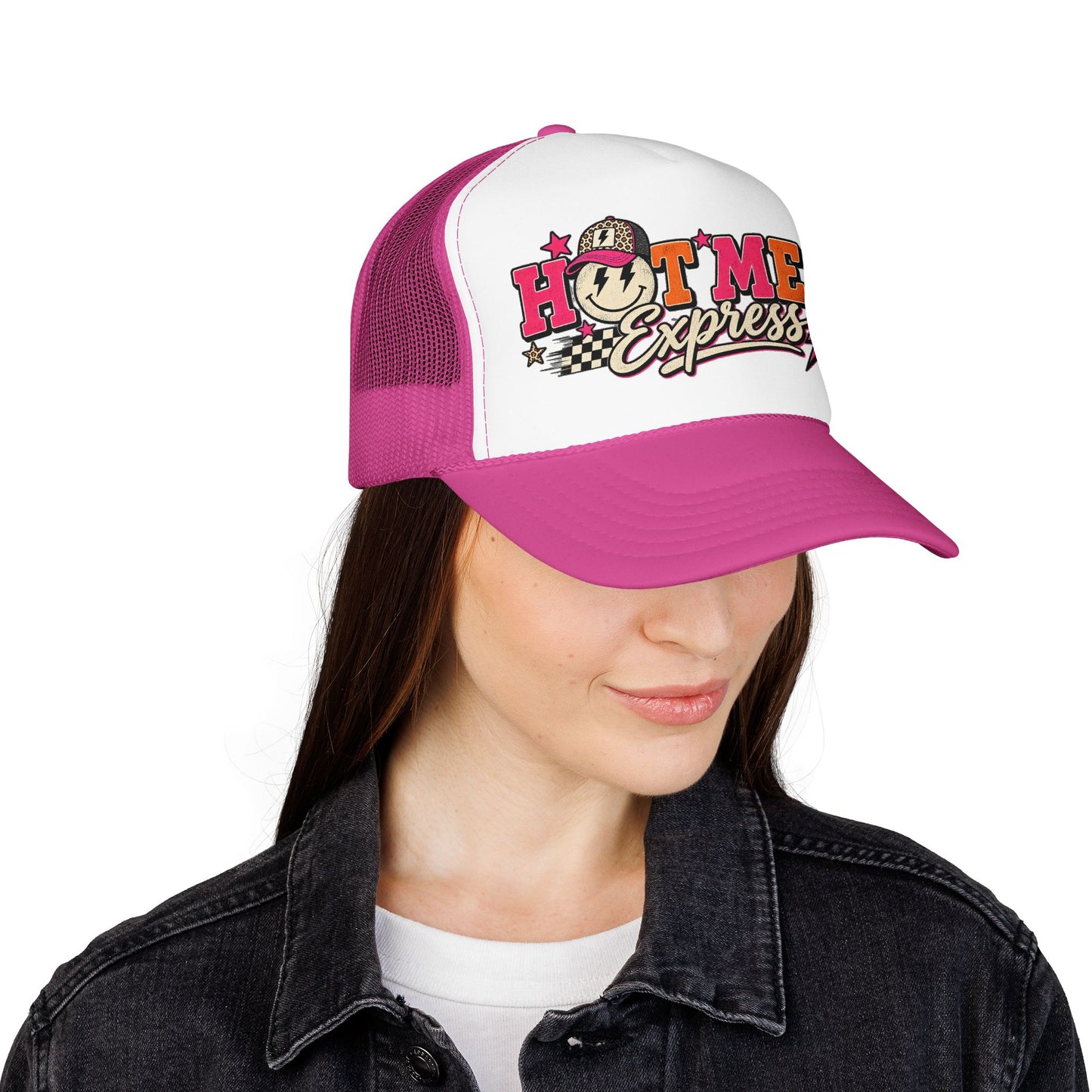 Hot Mess Express Trucker Hat — Retro Smiley Foam Mesh Cap