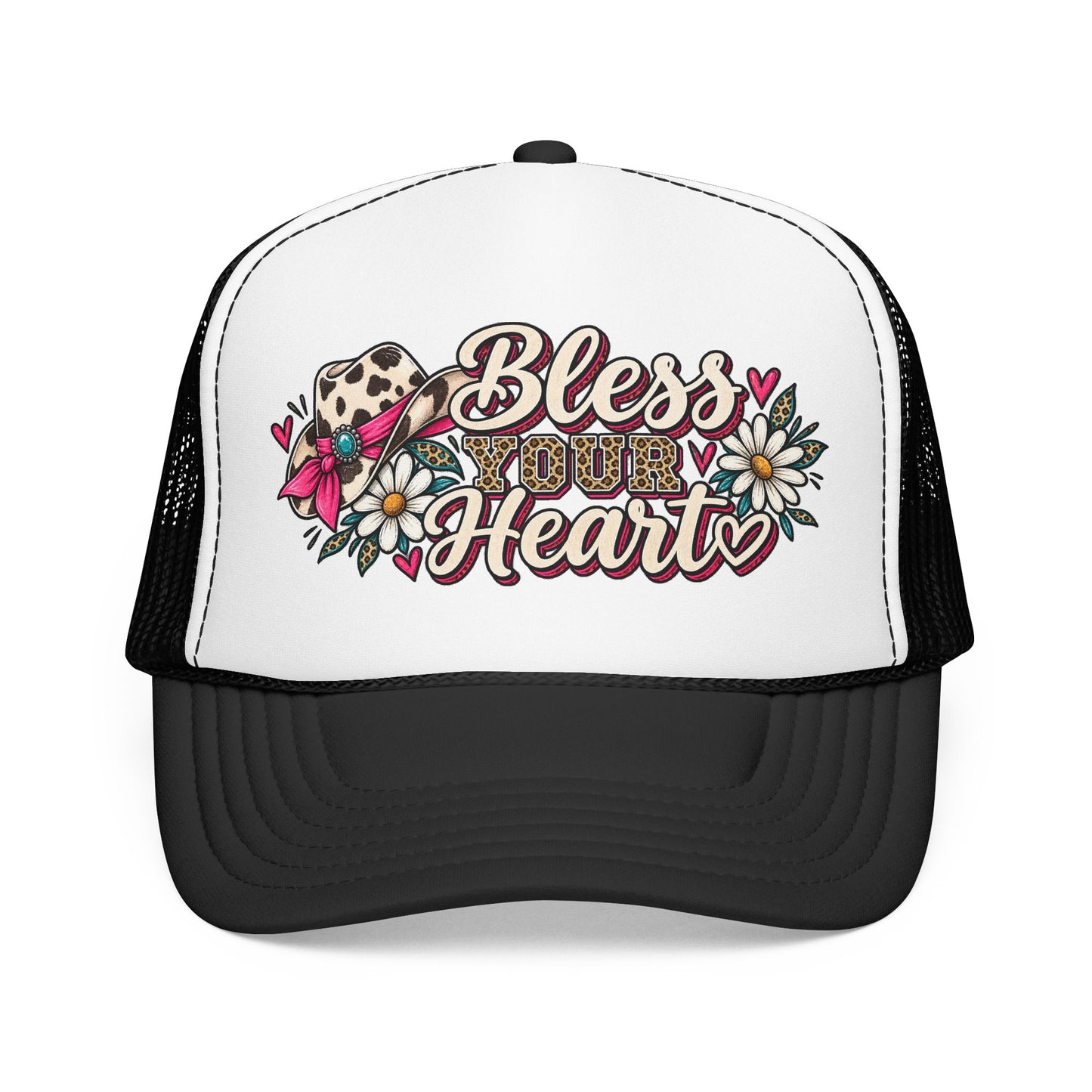 Bless Your Heart Trucker Hat – Floral Leopard Cowgirl Foam Cap