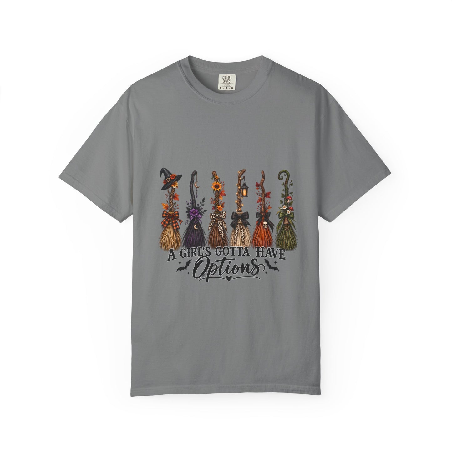 Witch Brooms Halloween T-Shirt — "A Girl's Gotta Have Options"