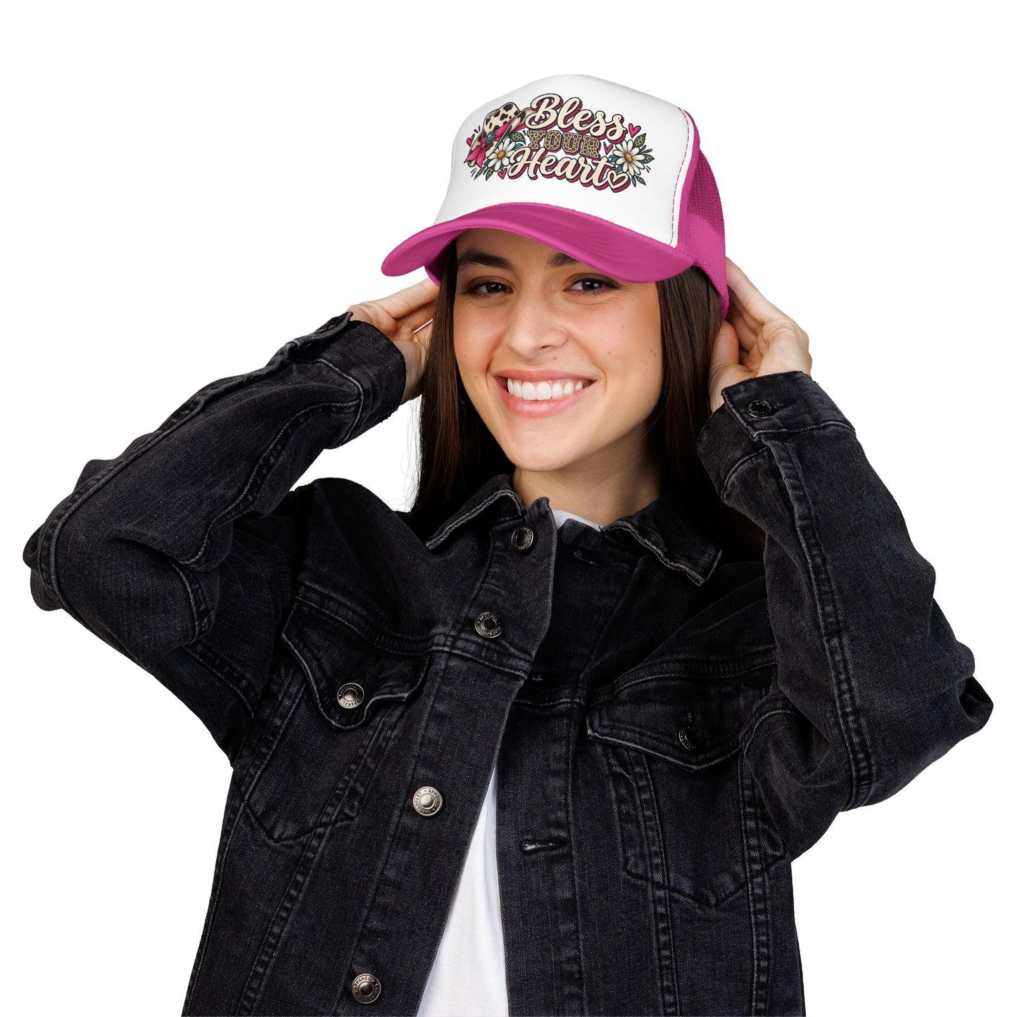 Bless Your Heart Trucker Hat – Floral Leopard Cowgirl Foam Cap