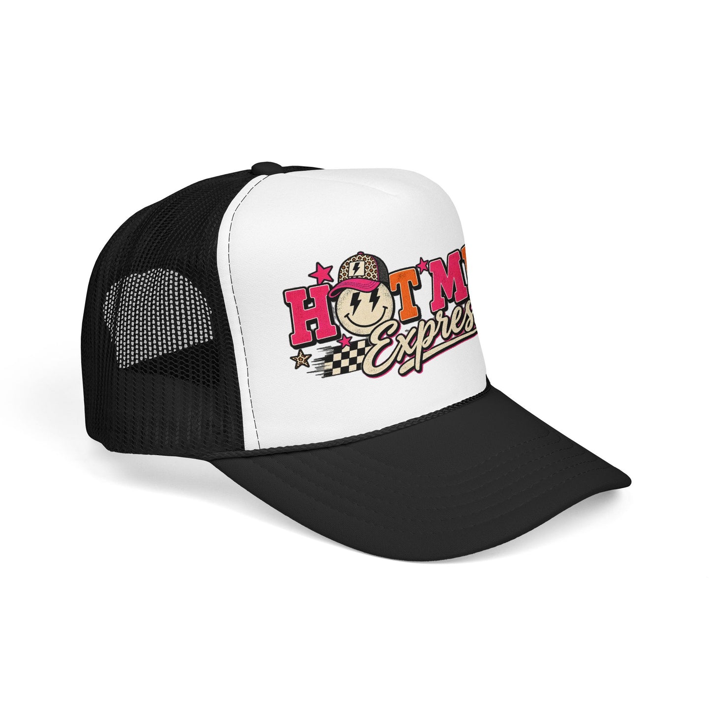 Hot Mess Express Trucker Hat — Retro Smiley Foam Mesh Cap