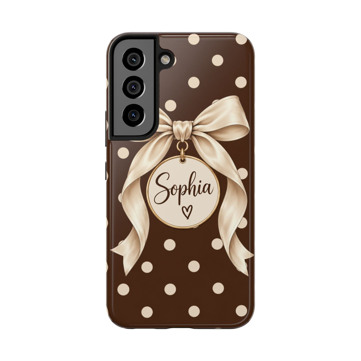 Personalized Polka Dot Bow Phone Case | Custom Name Chocolate Brown Tough Case
