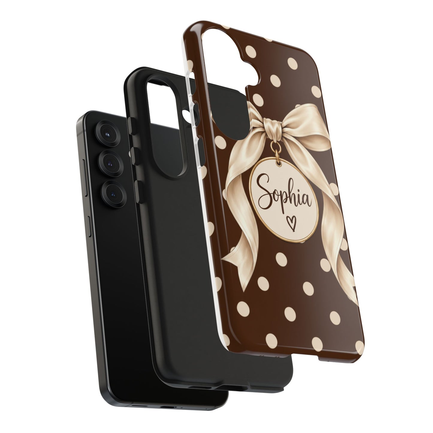 Personalized Polka Dot Bow Phone Case | Custom Name Chocolate Brown Tough Case