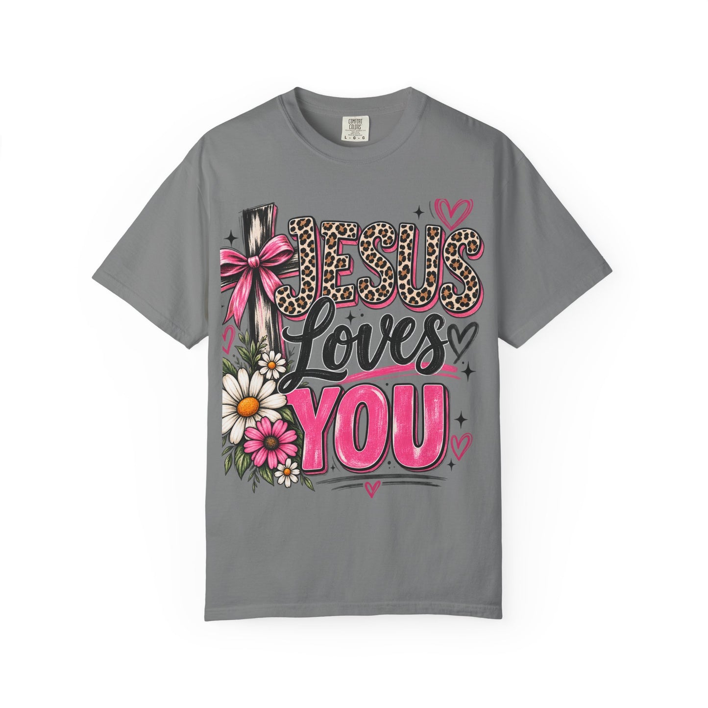Jesus Loves You Floral Tee — Pink Leopard Faith T-Shirt