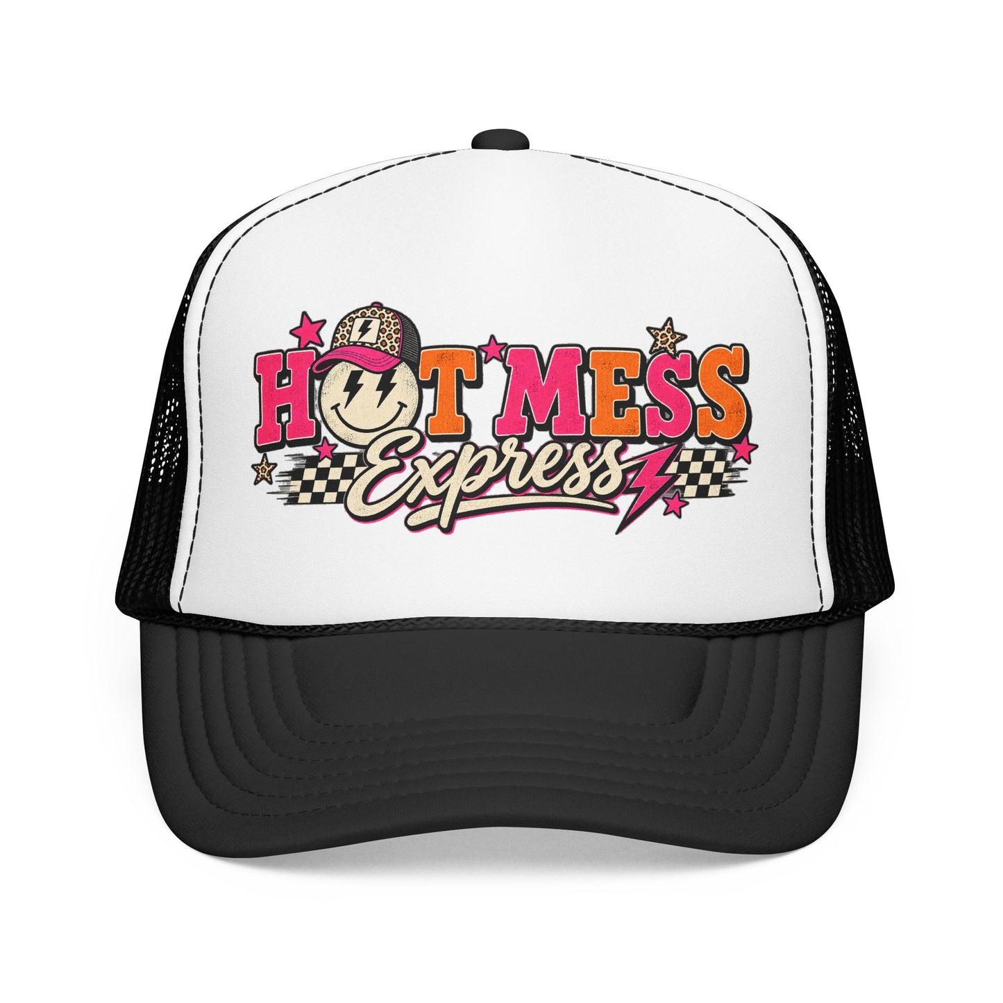 Hot Mess Express Trucker Hat — Retro Smiley Foam Mesh Cap