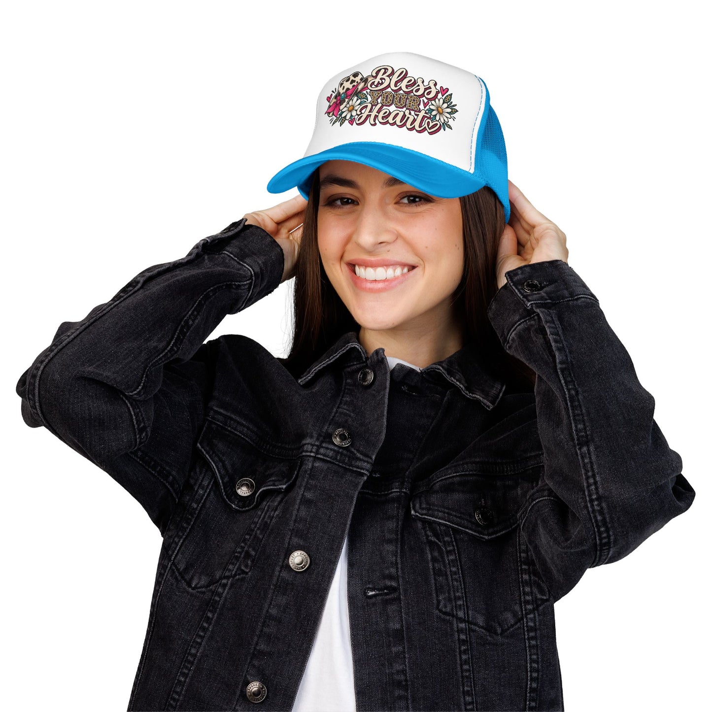 Bless Your Heart Trucker Hat – Floral Leopard Cowgirl Foam Cap