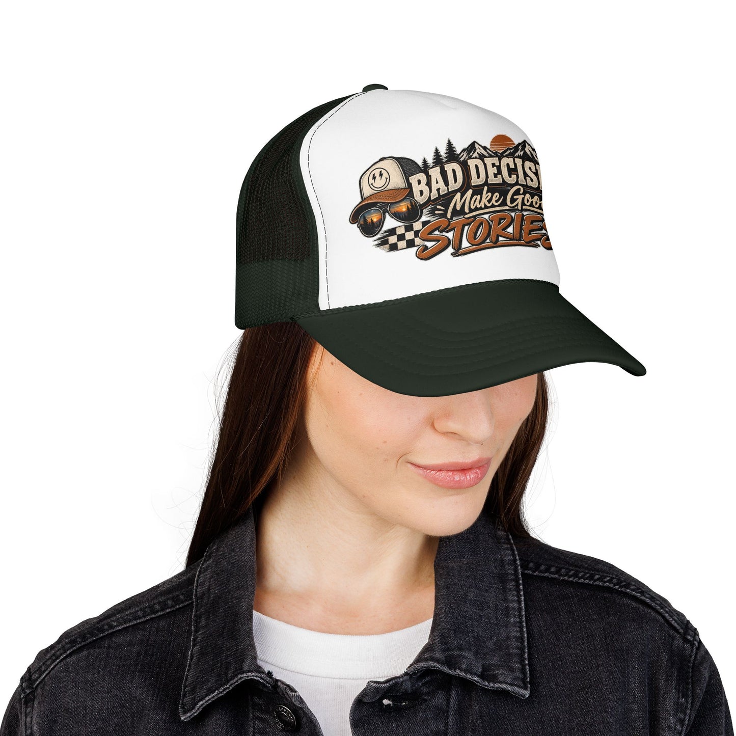 Trucker Hat — "Bad Decisions Make Good Stories" Vintage Graphic
