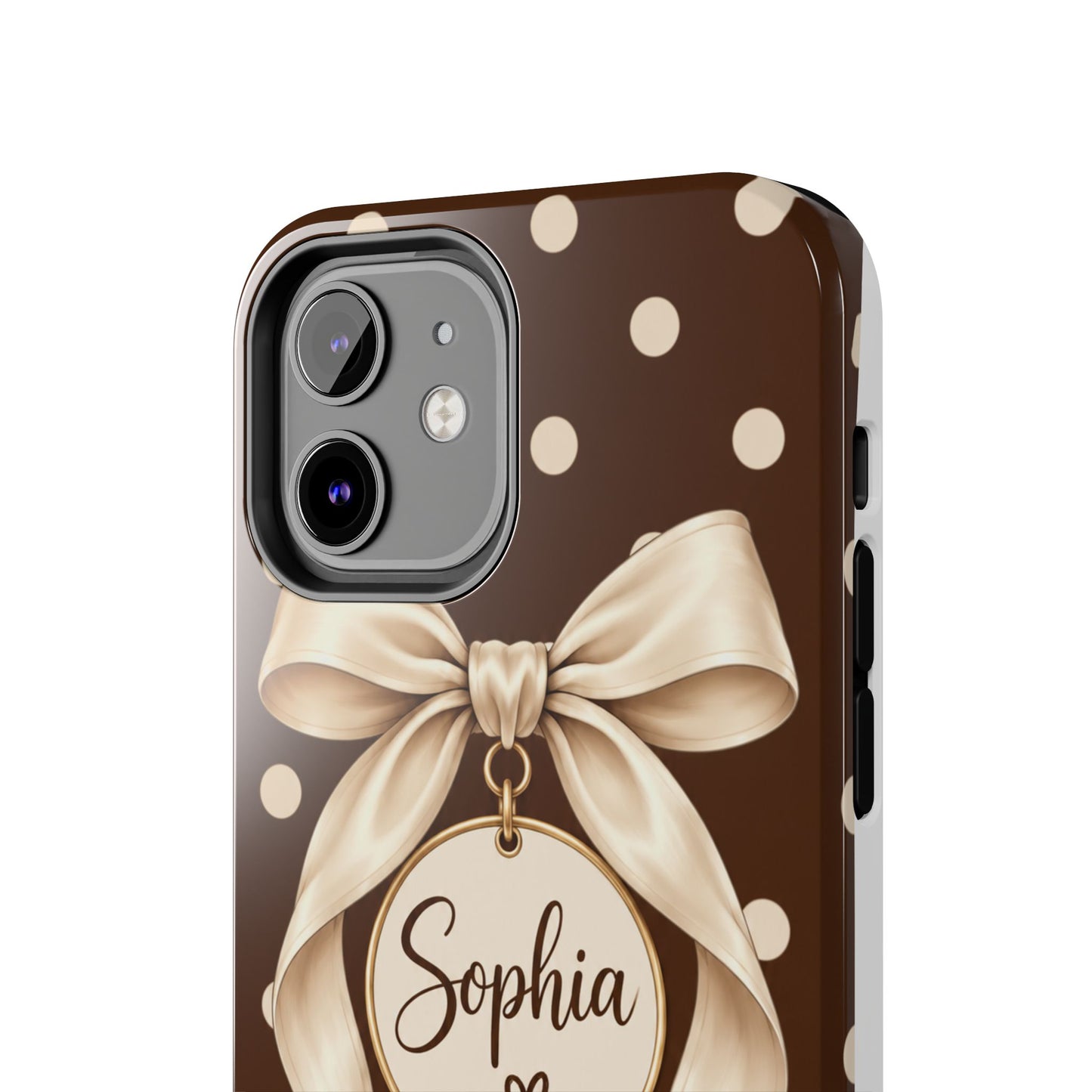 Personalized Polka Dot Bow Phone Case | Custom Name Chocolate Brown Tough Case